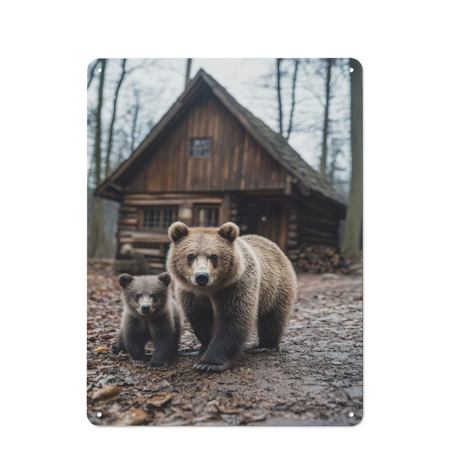 Metal Wall Sign 40x30cm Featuring Mother Bear And Cub by Cabin for Café Or Home Bar, for Collectors Decorating Cafés And Home Bars
