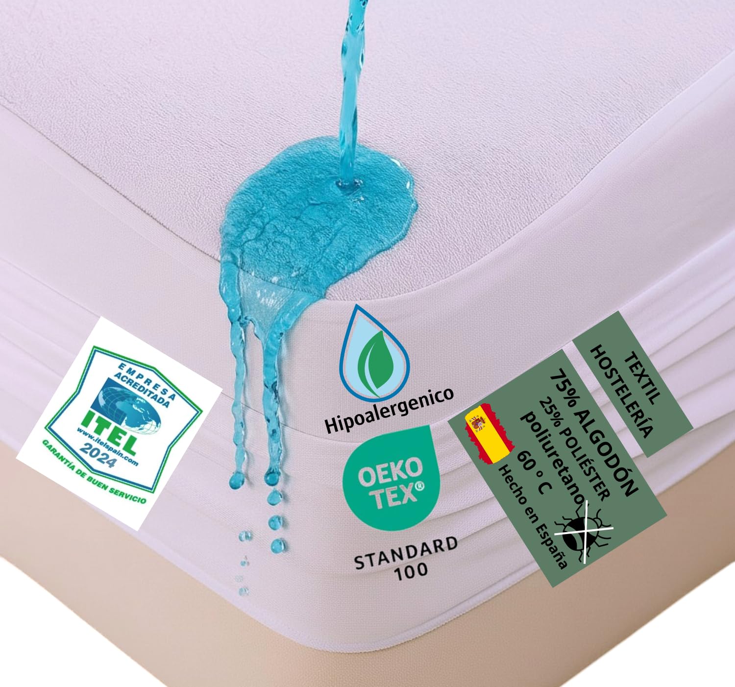 HaraDeco Protector Colchón Hotelero Rizo Algodón Sin Ruido Oeko-Tex® | Silencioso, Transpirable Impermeable, Hipoalergénico y Antiácaros, Resistente Fabricado en España para Uso Profesional