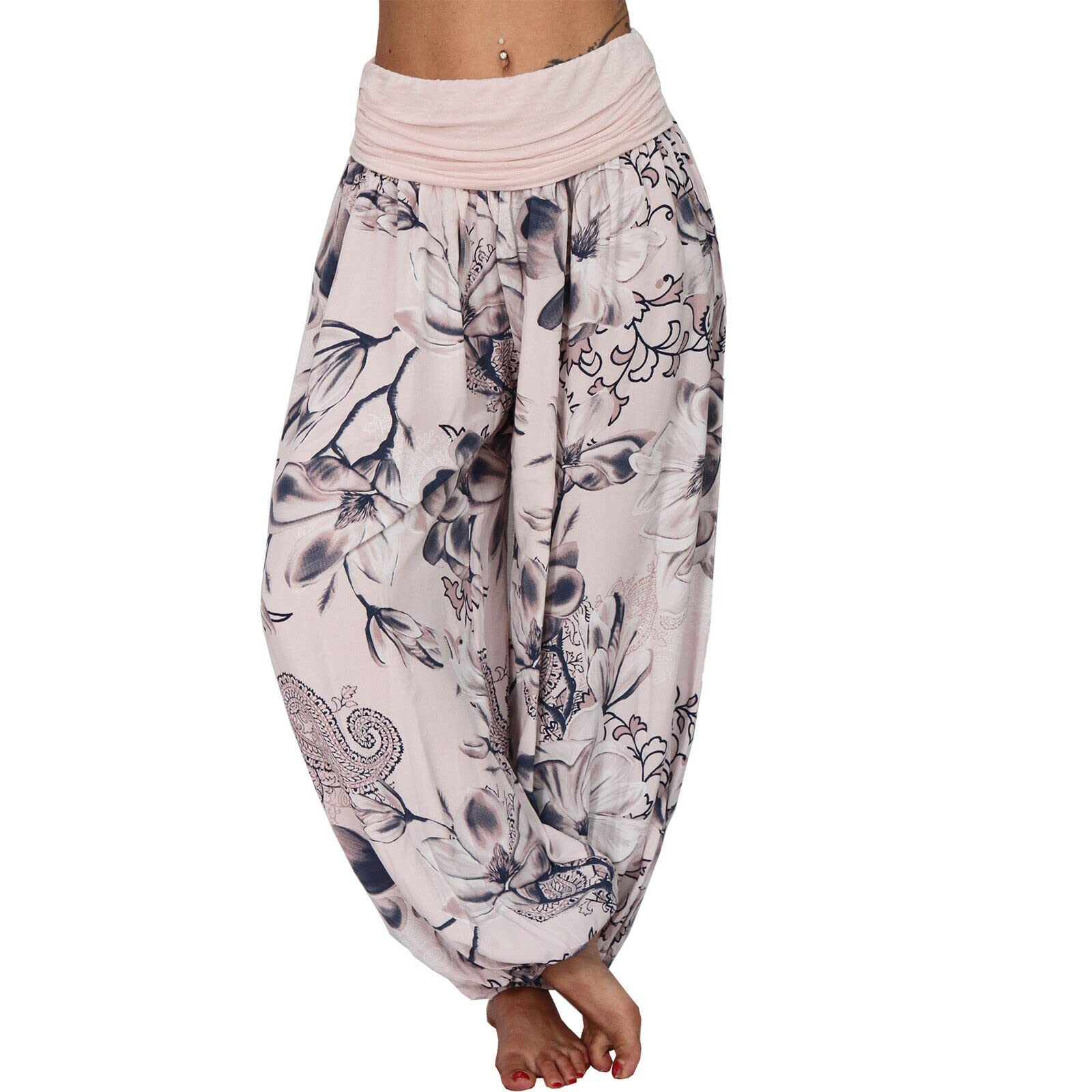 TIAFORD Womens Casual Floral Print Belted High Waist Wide Leg Pants Loose Beach Flowy Comfy Trousers