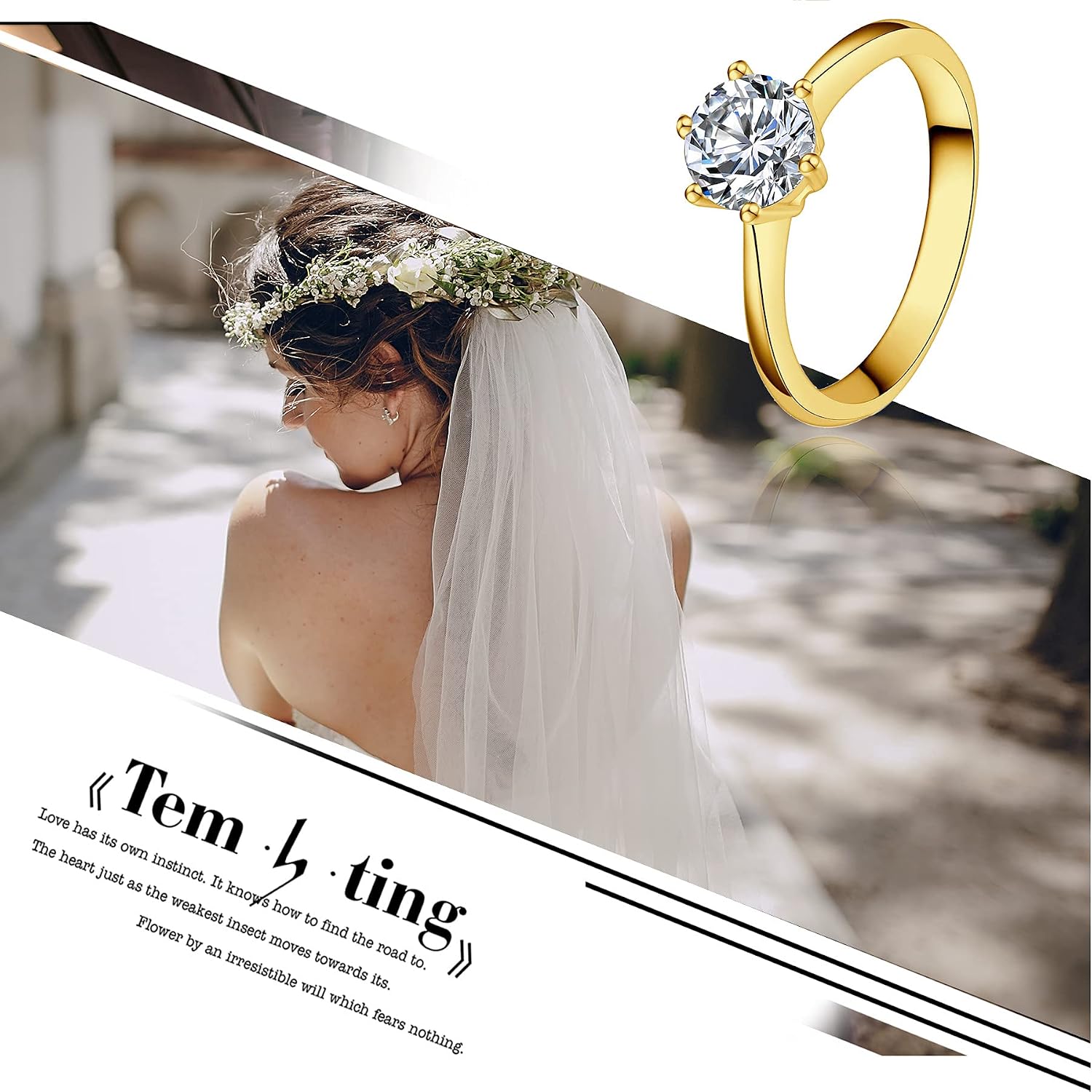 Cupimatch Single Stone Promise Ring - Stainless Steel Solitaire Cubic Zirconia Ring, Gold Engagement Wedding Ring for Women (Size:5)