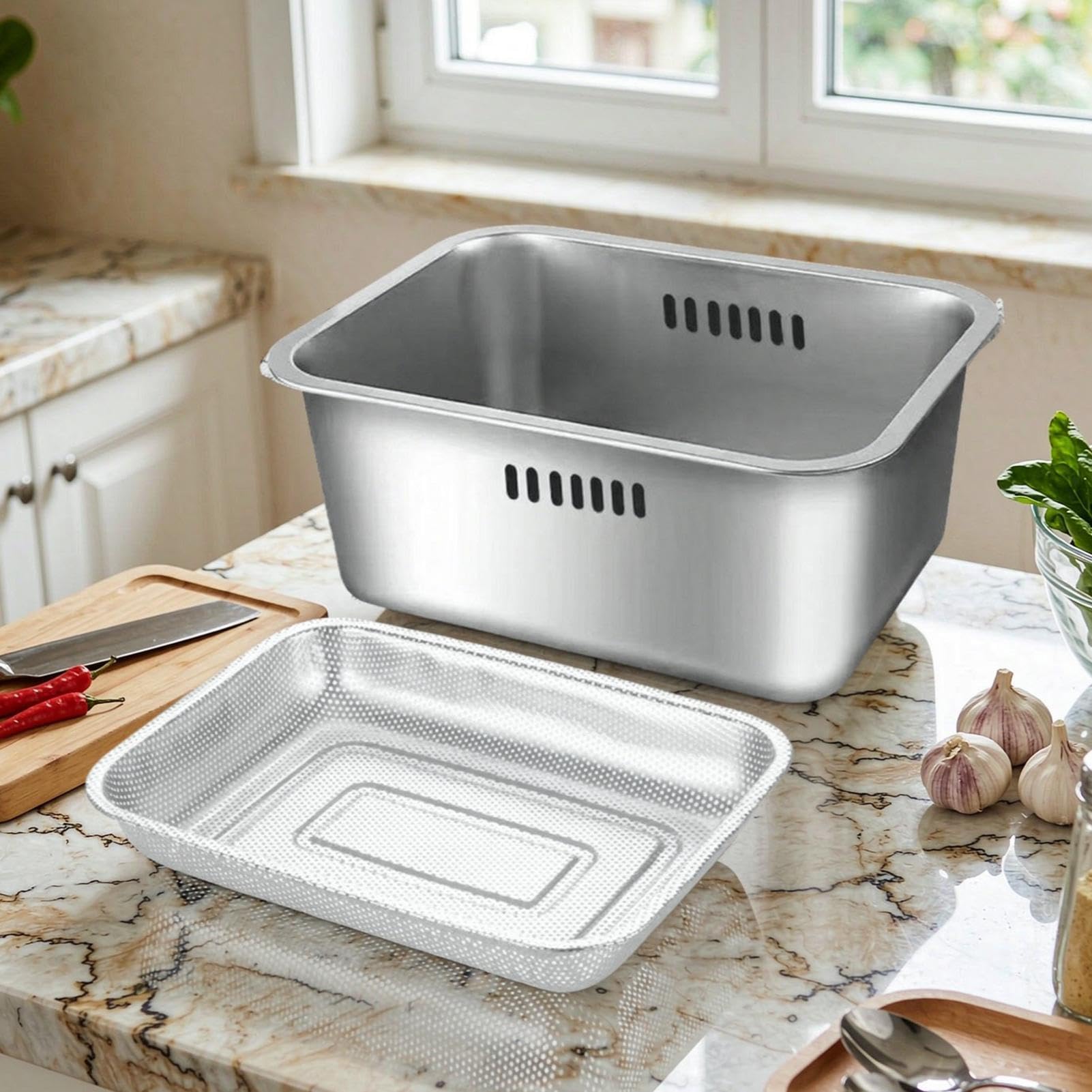 Stainless Steel Dish Basin With Drain Basket, 10l Large Capacity Square Veg