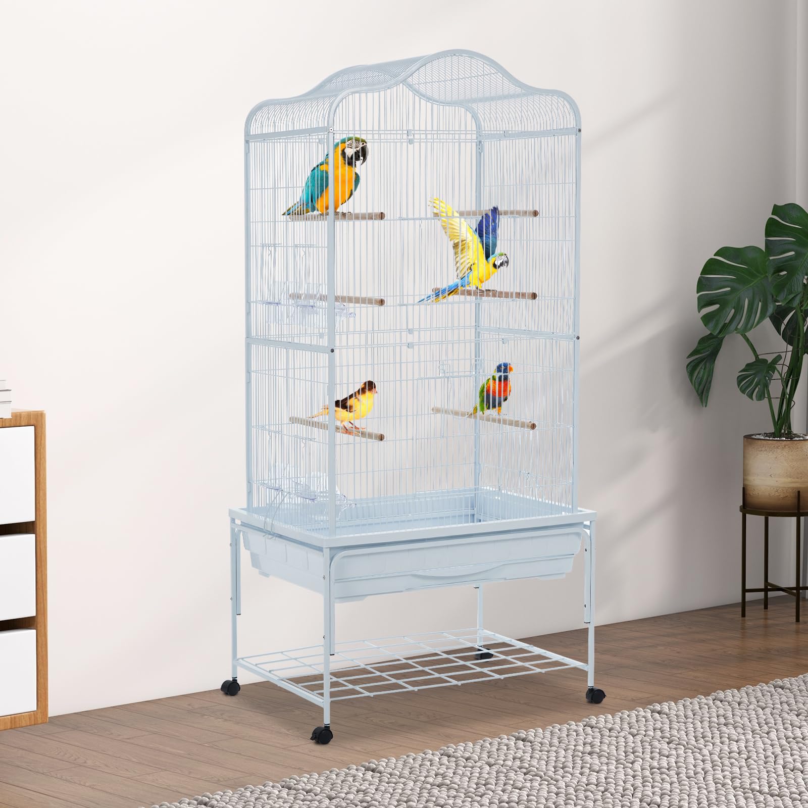 XXL Vogelvoliere Großer Vogelkäfig 63.5 x 53.5 x 138cm, Vogelbauer Wellensittich Kanarien mit Holzstangen und 4 Rollen mit Schmutzwanneneinsatz, Weiß