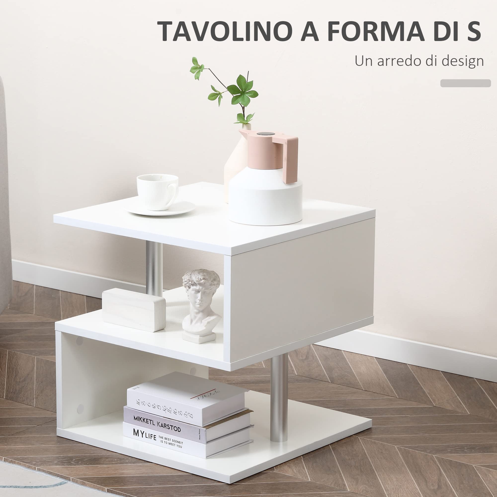 HOMCOM Tavolino Basso Da Salotto Due Ripiani Forma S 50 x 50 x 50cm Bianco