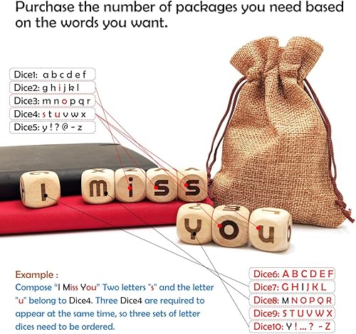 Miniatura 4 de Juego de 10 dados creativos de madera inglesa de 0.787 in, incluye 26 mayúsculas y 26 letras minúsculas grabadas en diferentes dados