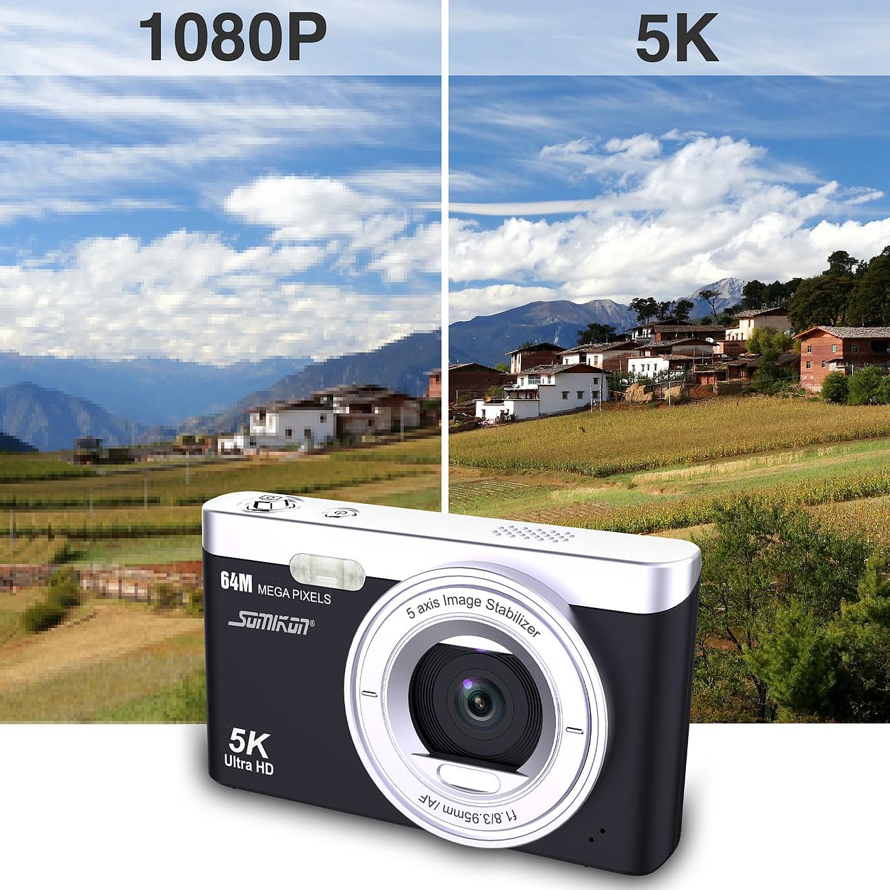 Somikon Fotocamera Digitale Compatta ZX8903 64 MP 5K Autofocus Zoom Digitale 16x