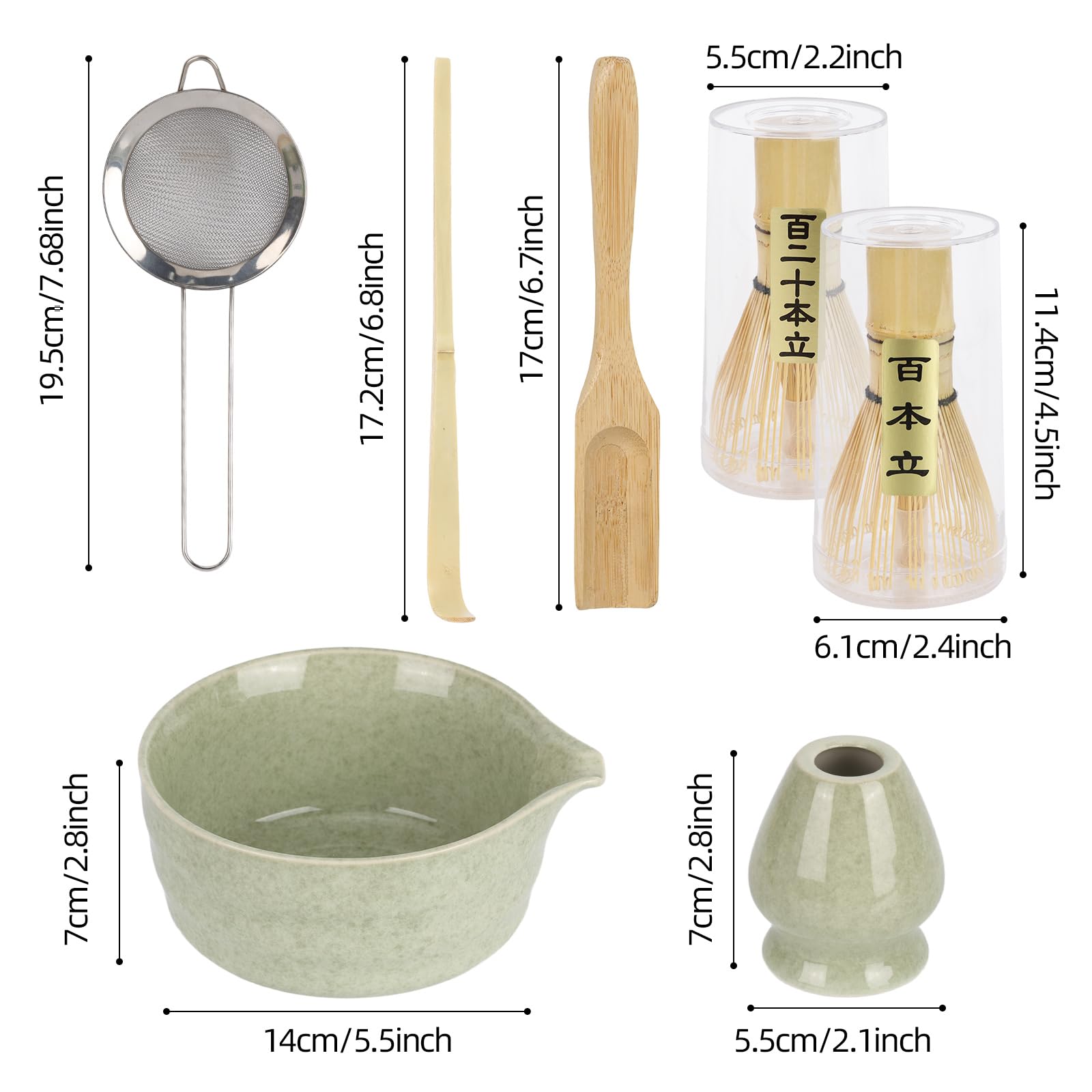 Matcha-Schneebesen-Set mit Bambus-Schneebesen (120 Zinken) und Keramikhalter und Schüssel, Schaufel, Edelstahlsieb für Frauen, Weihnachten, Geburtstag, 6-teilig