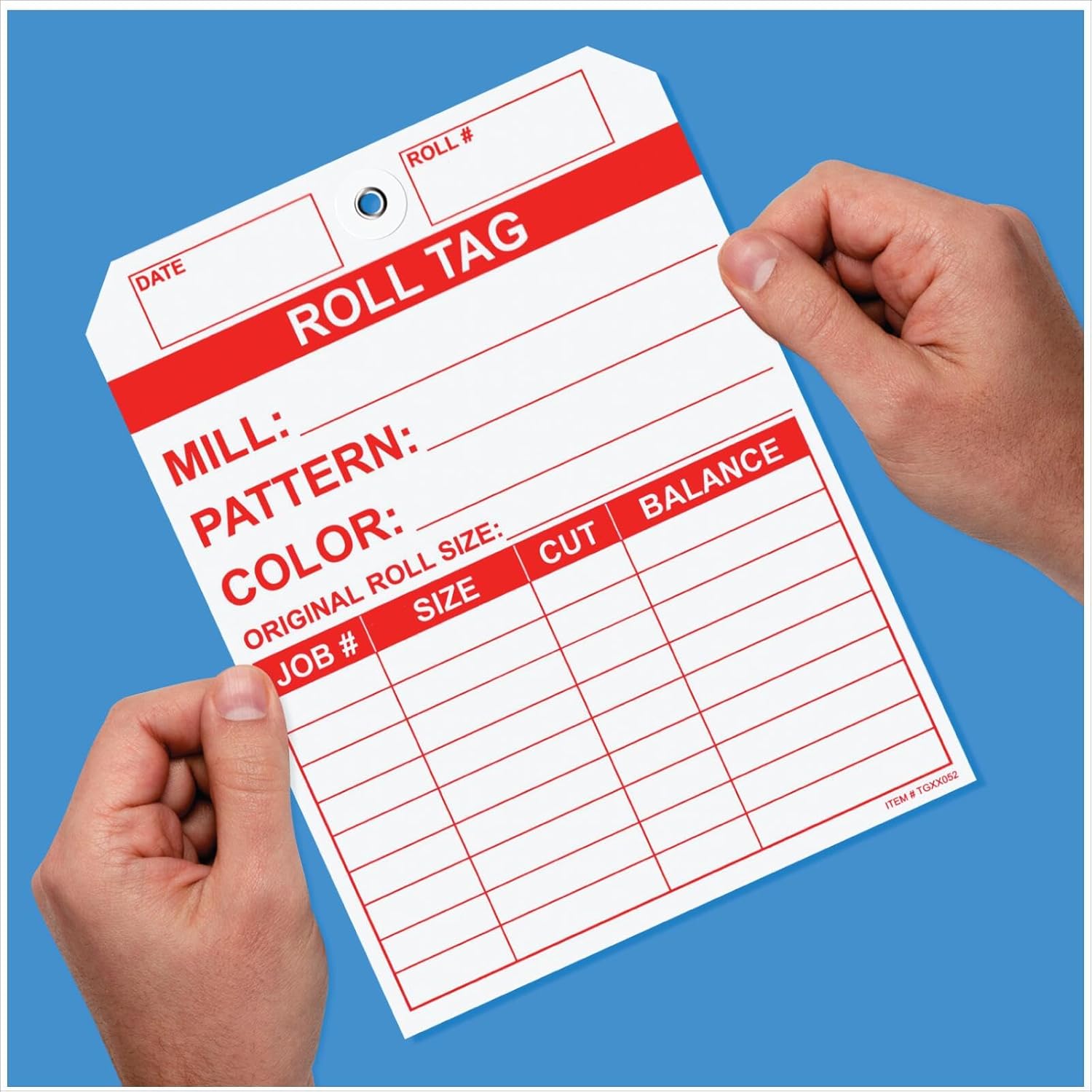100 Carpet Roll Tags, Printed with Red Ink on White 10 Points, C1S, Tag Stock with Reinforced Strong Metal Eyelet. Size: 7" (Height) x 5 1/4" (Width).