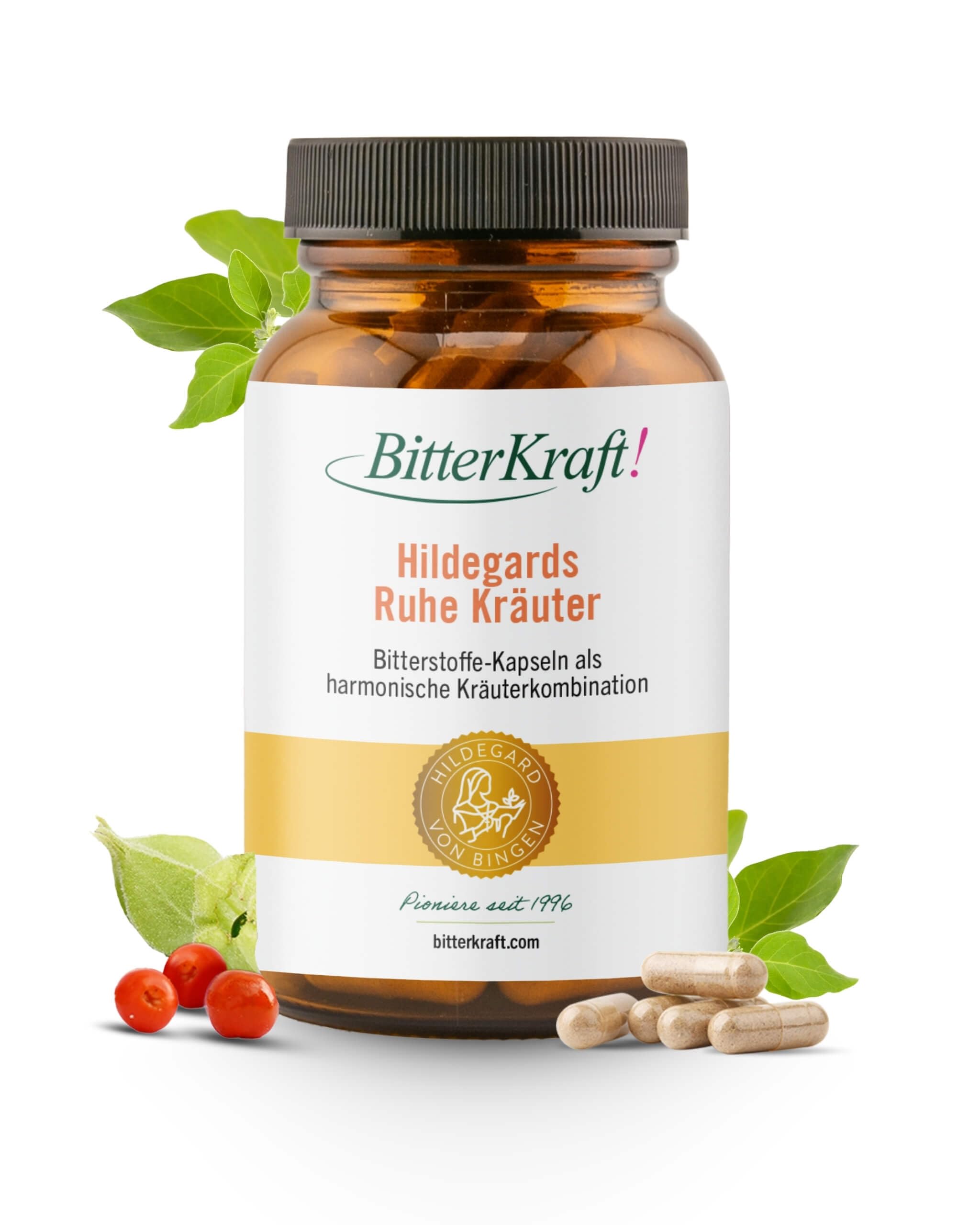 BitterKraft! Hildegards Ruhe-Kräuter 120  Kapseln – mit Bio Ashwaghanda, Rosenwurz-Extrakt, B2, B6 & B12 – inspiriert von Hildegard von Bingen – ohne Zusatzstoffe - 100 % Natur – Made in Germany