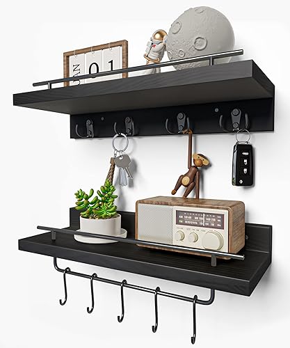 Estantes flotantes de madera con ganchos de metal, perchero montado en la pared con estante juego de 2, estante de pared de baño con barra de toalla