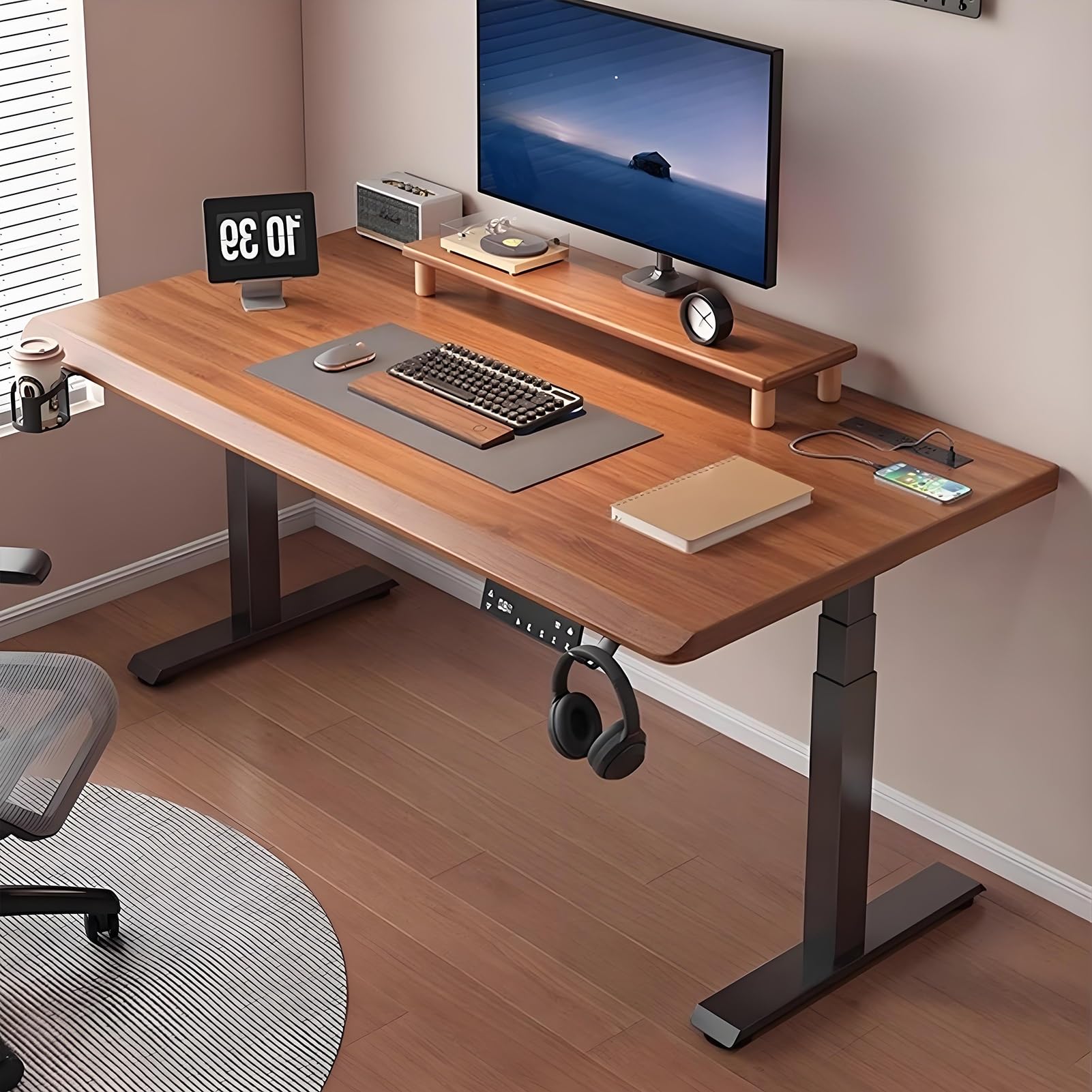 MYUYEE Adjustable Height Standing Desk, Computer Desk With 3 Memory Presets, Large Stand Up Desk With Headphone Hooks, For Home, Office, Monitor Riser (Brown-55.1In)
