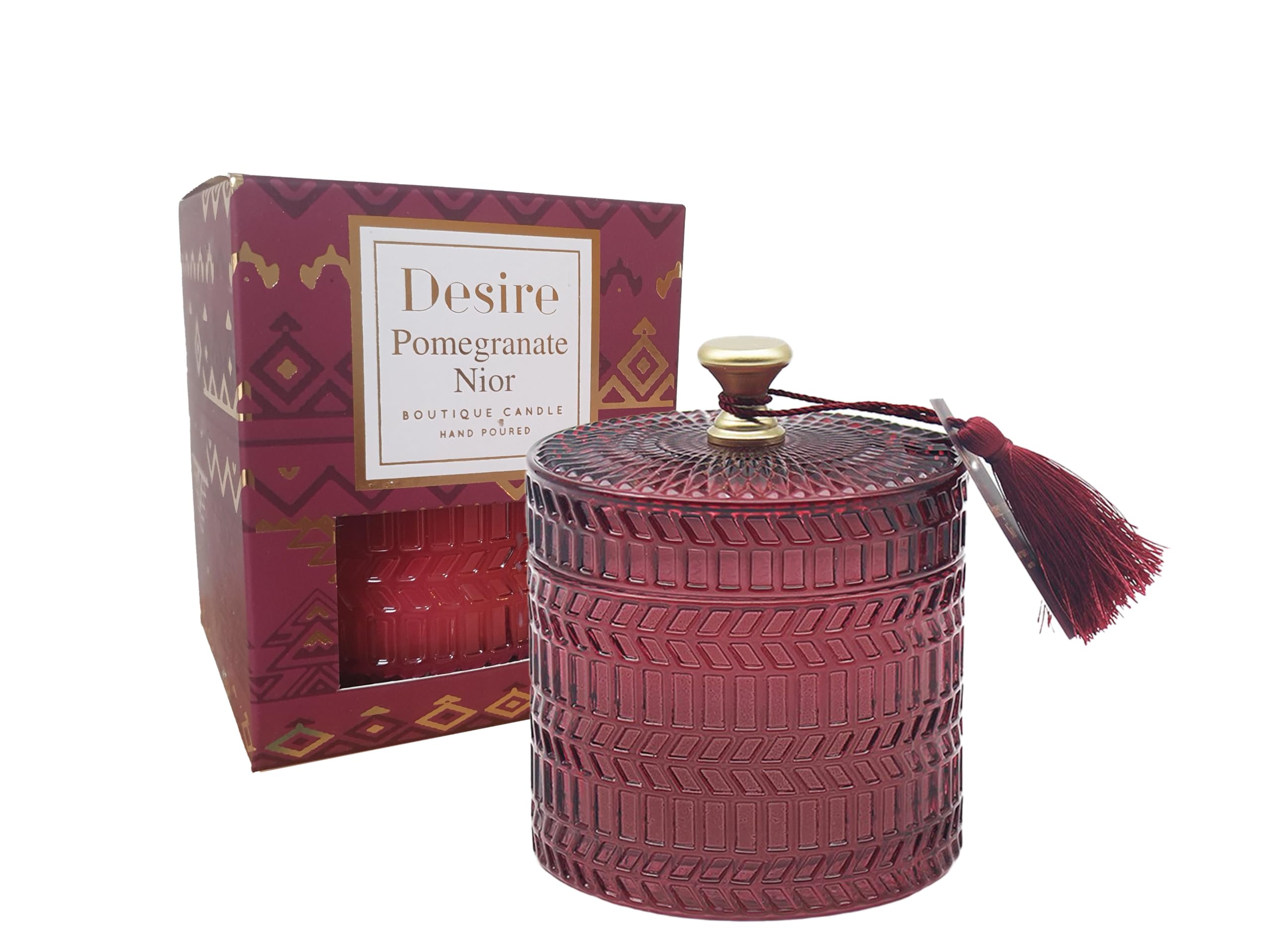 The Leonardo CollectionLeonardo Desire Pomegranate Nior Scented Hand Poured Soy Wax Candle in a Ruby Decorative Glass Lidded Jar Holder with Presentation Box