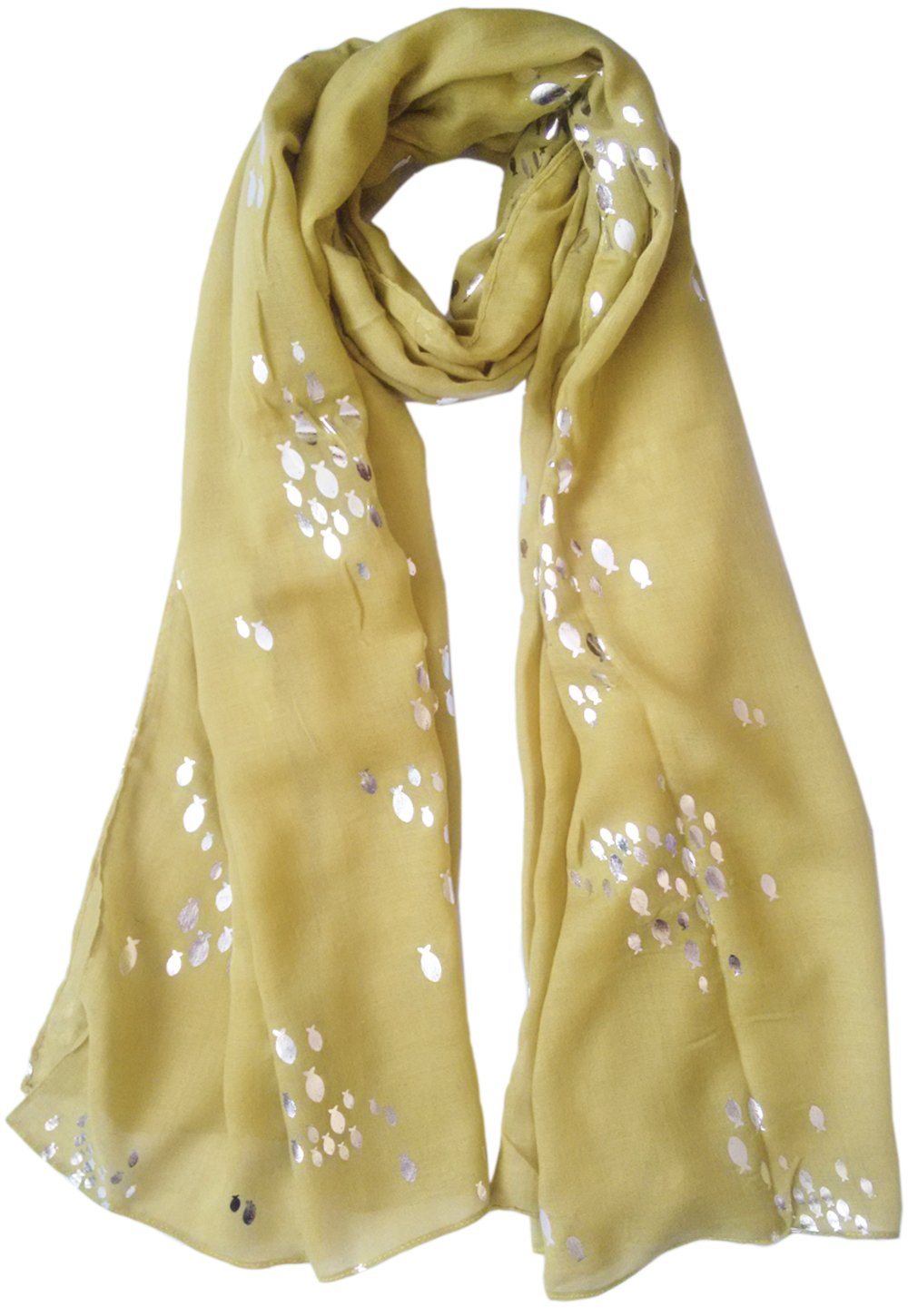 Glamlondon Women's Mustard Green Glitter Foil Fish Printed Scarf (Mustard Green)