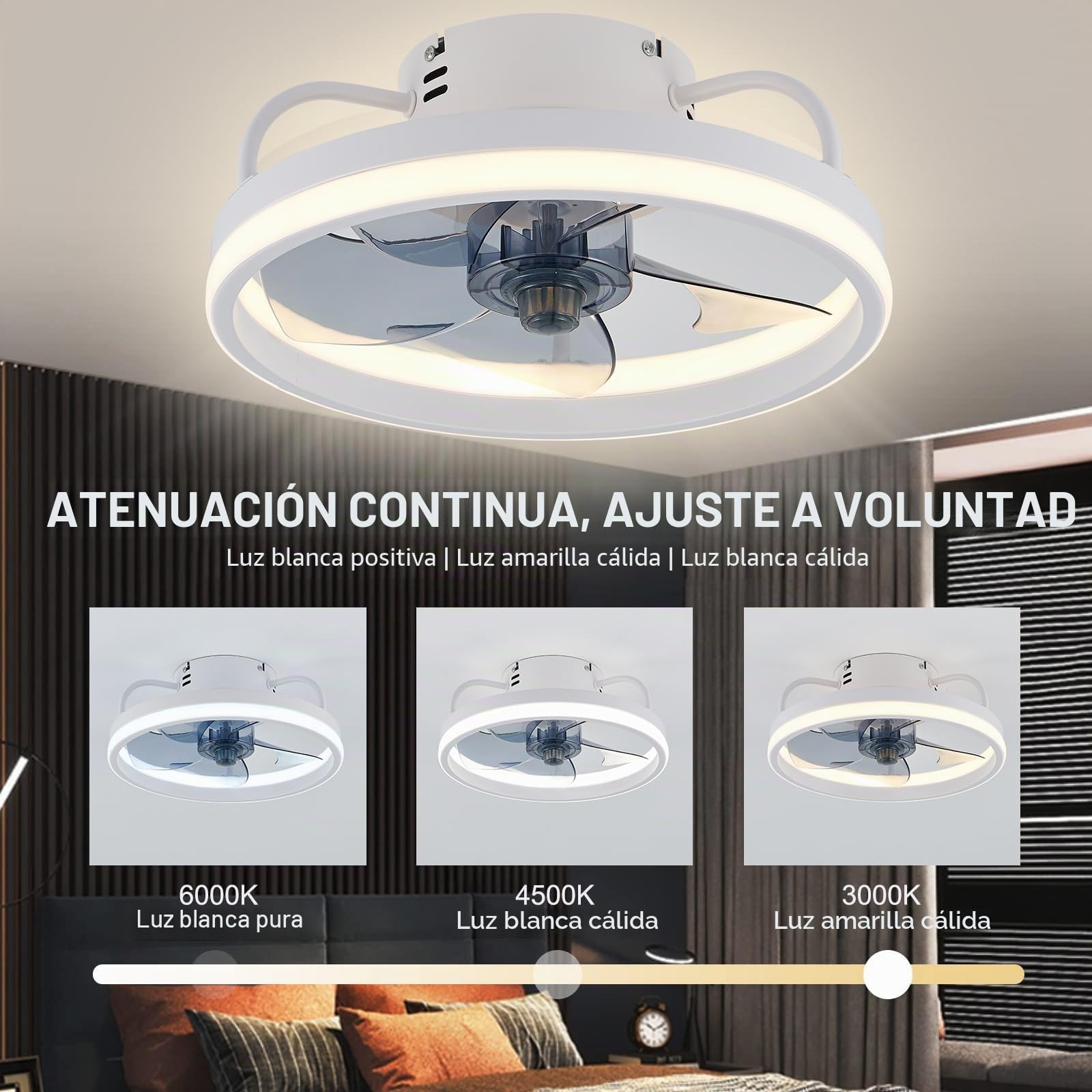 Ventilador silencioso de techo con luz de 33/50 cm, con iluminación y mando a distancia, 6 velocidades, LED regulable 55 W, aplicación inteligente, iluminación silenciosa y moderna para sala de estar