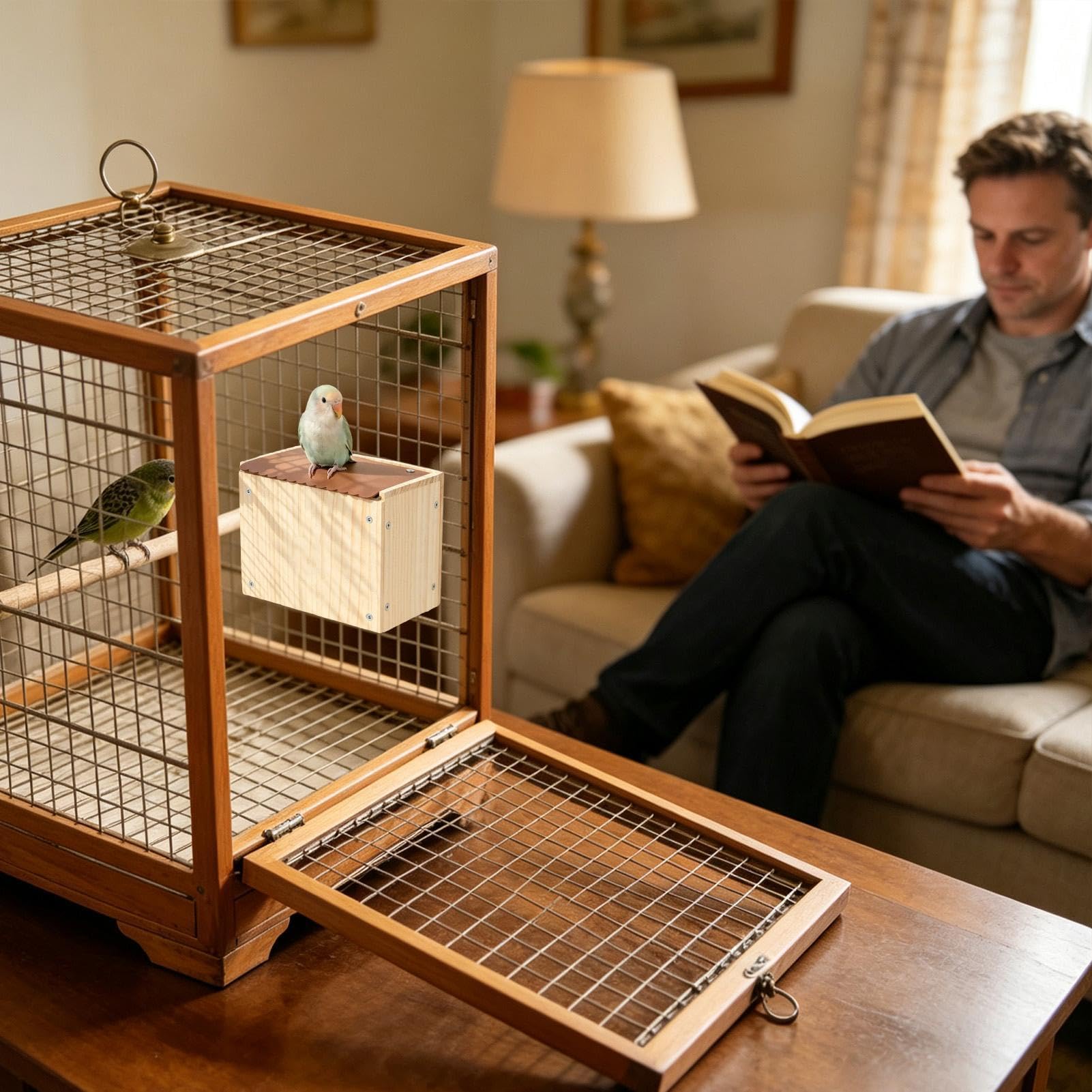 de para pájaros, jaula de cría colgante, casa de loro de madera