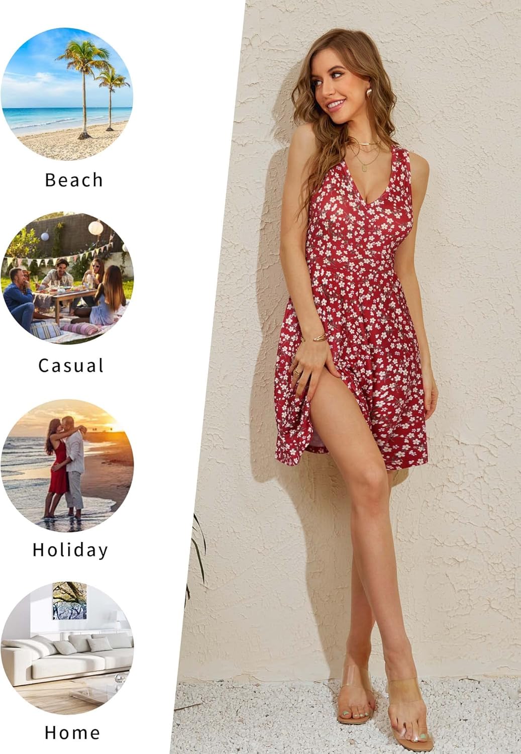 HUHOT Womens Sleeveless V Neck Dress with Pocket Summer Beach Midi Flared Tank Dress - Image 5