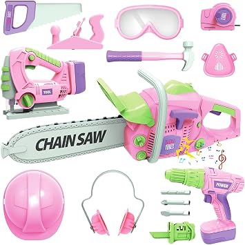 Kids Construction Tool Set for 3 4 5 6 7 Year Old Boys Girl,Pink Preschool Pretend Play Tool,Pretend Play Tools Set Toddler Toys,with Electric Drill ChainsawElectric Drill,Toy Tools Gifts for Kids