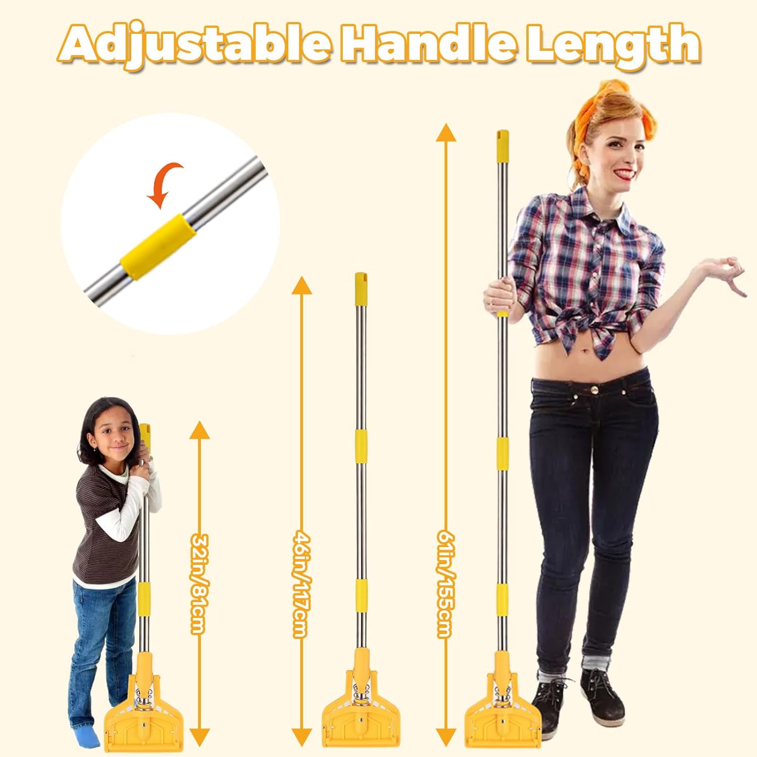 Commercial Heavy Duty Mop Handle 61 Inch Mop Stick with Adjustable Stainless Steel Handle Industrial Floor Cleaner Stick Replacement Wet palo de trapeador (2 Pack)