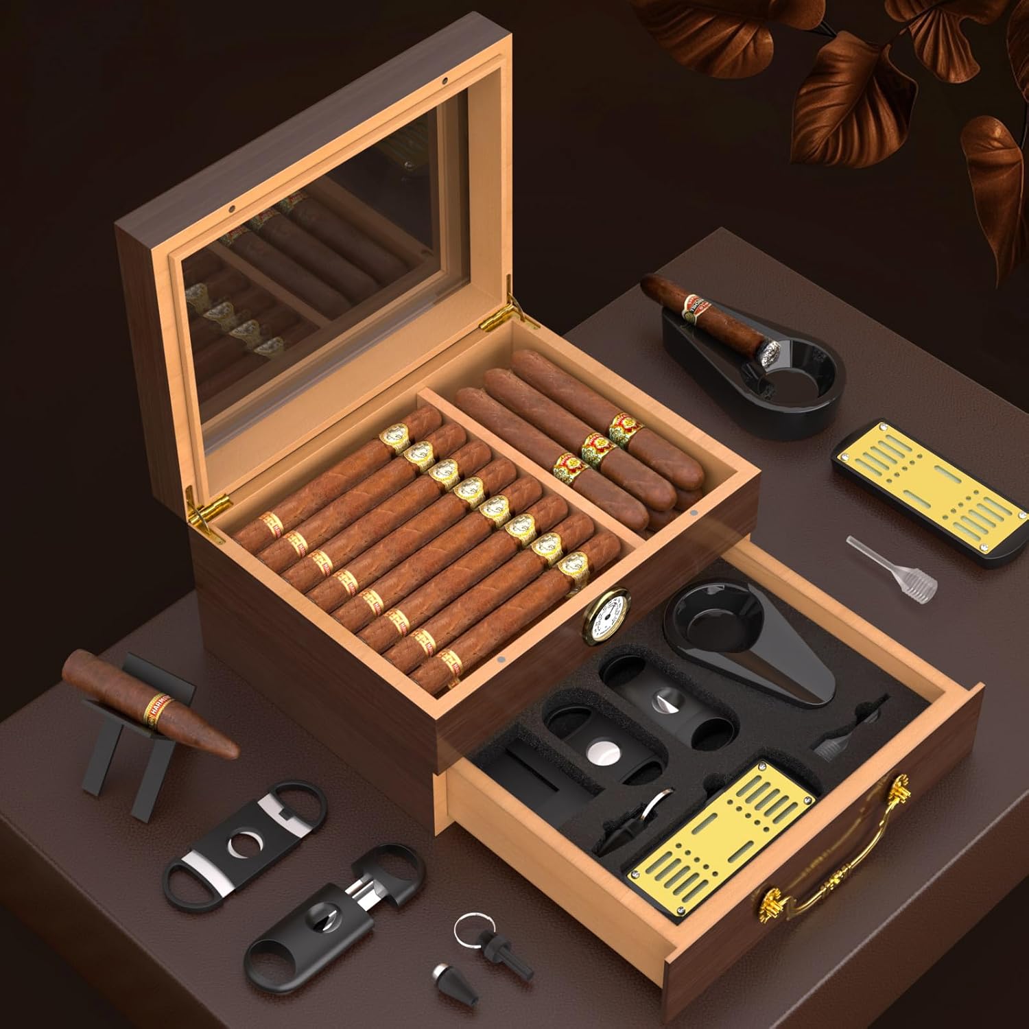 Spanish Cedar Cigar Humidor Box with Accessories and Humidifier - Glass Cover and Storage Drawer - Desktop Cigar Holder for Men - Portable Travel Case - Small Table Top Humidors for 20-50 Cigars
