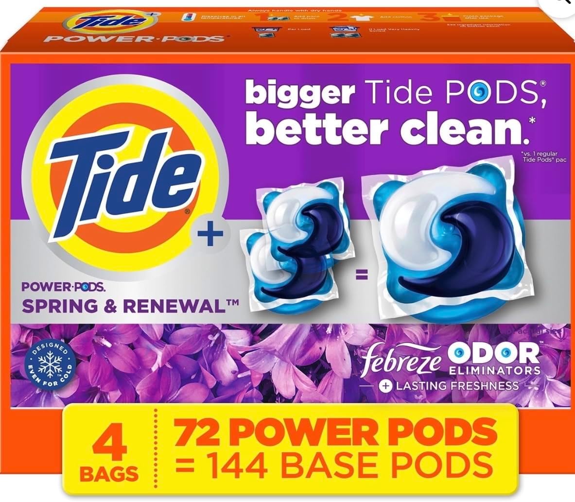 Tides Power PODS Laundry Detergent Pacs with Febreze, Spring & Renewal Scent, 72 Count