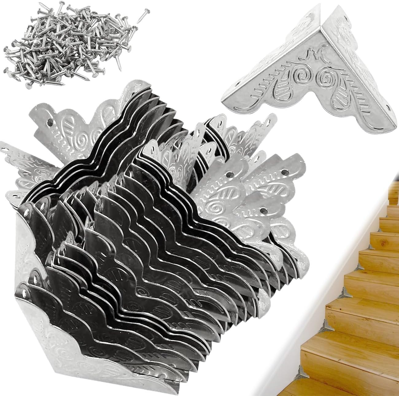 POTAI Stair Dust Corners for Wooden Steps, 100PCS Antique