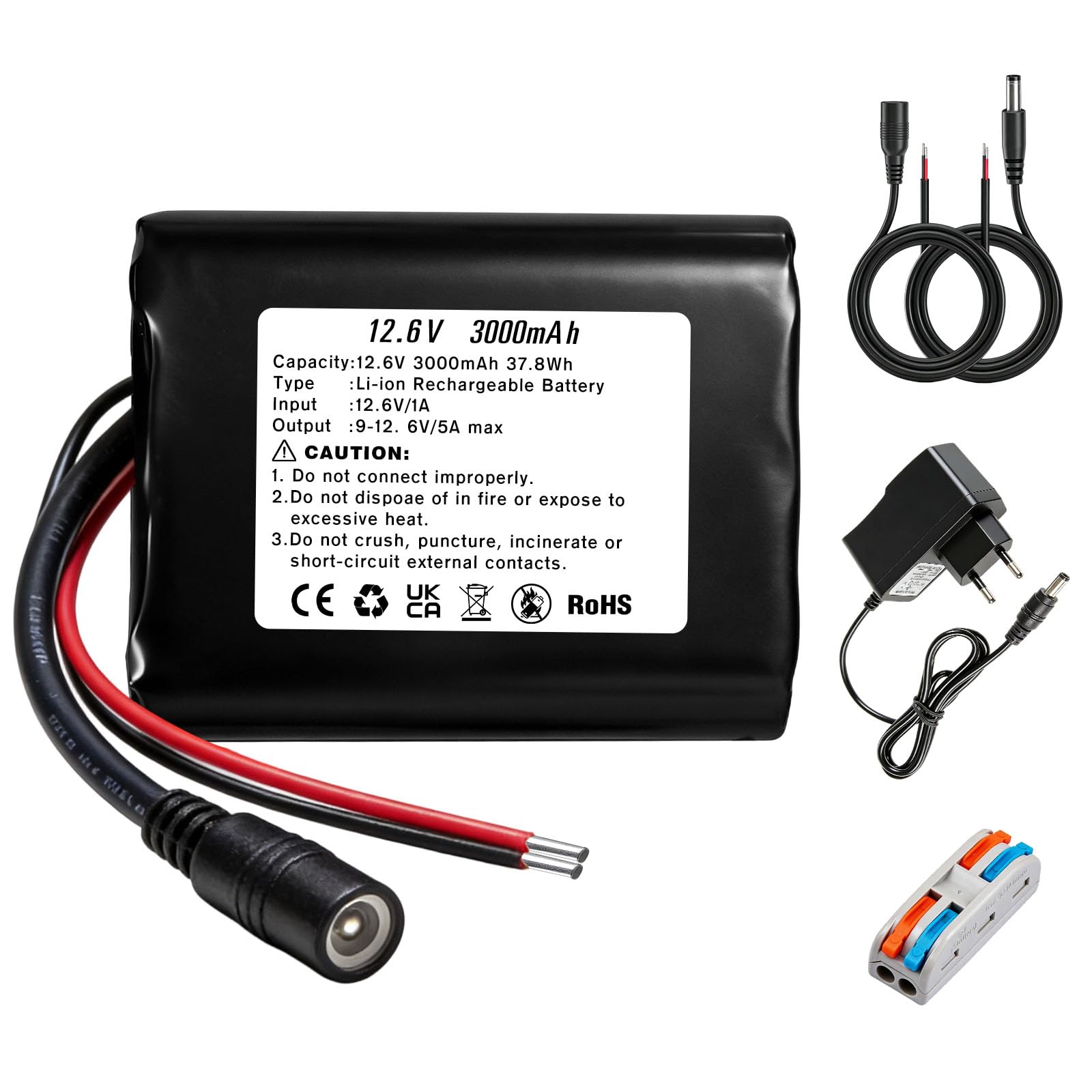 12.6V 3000mAh Lithium-ionen Akku, Wiederaufladbarer Akku mit Ladegerät und 2 Verbindungskabeln für Solar Panel, Radio, Kameras, Camcorder, DIY Leselampe, Teleskop, Sonar