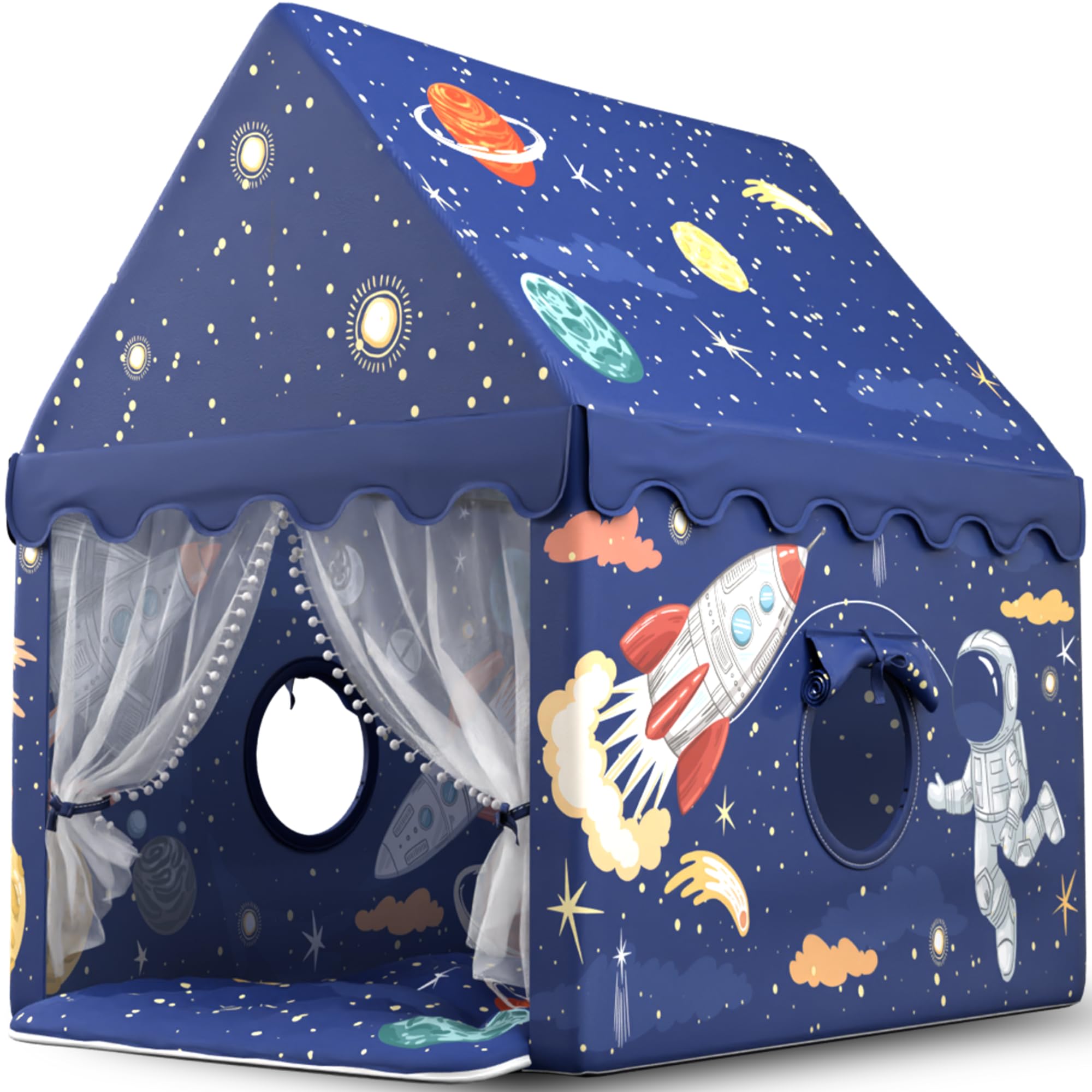 Kids Play Tent – Large Indoor Playhouse for Boys & Toddlers, Astronaut & Rocket Design, Navy Blue (55”49”47”) – Sturdy Poles, Battery Lights, Carry Bag, 2 Windows – CPSC Certified