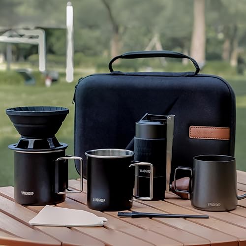 Miniatura 5 de Juego de cafetera portátil todo en 1, molinillo de café manual con rebabas cónicas de acero inoxidable, juego de gotero de café plegable de