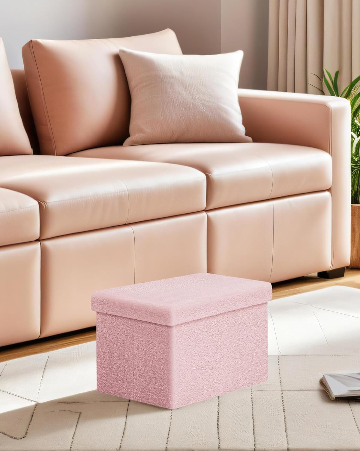 Small Ottoman with Storage, Sherpa Storage Ottoman Cube, Boucle Folding Foot Rest for Dorm, Living Room, Bedroom, Pink, 16.5"x12.6"x12.6" - Image 2