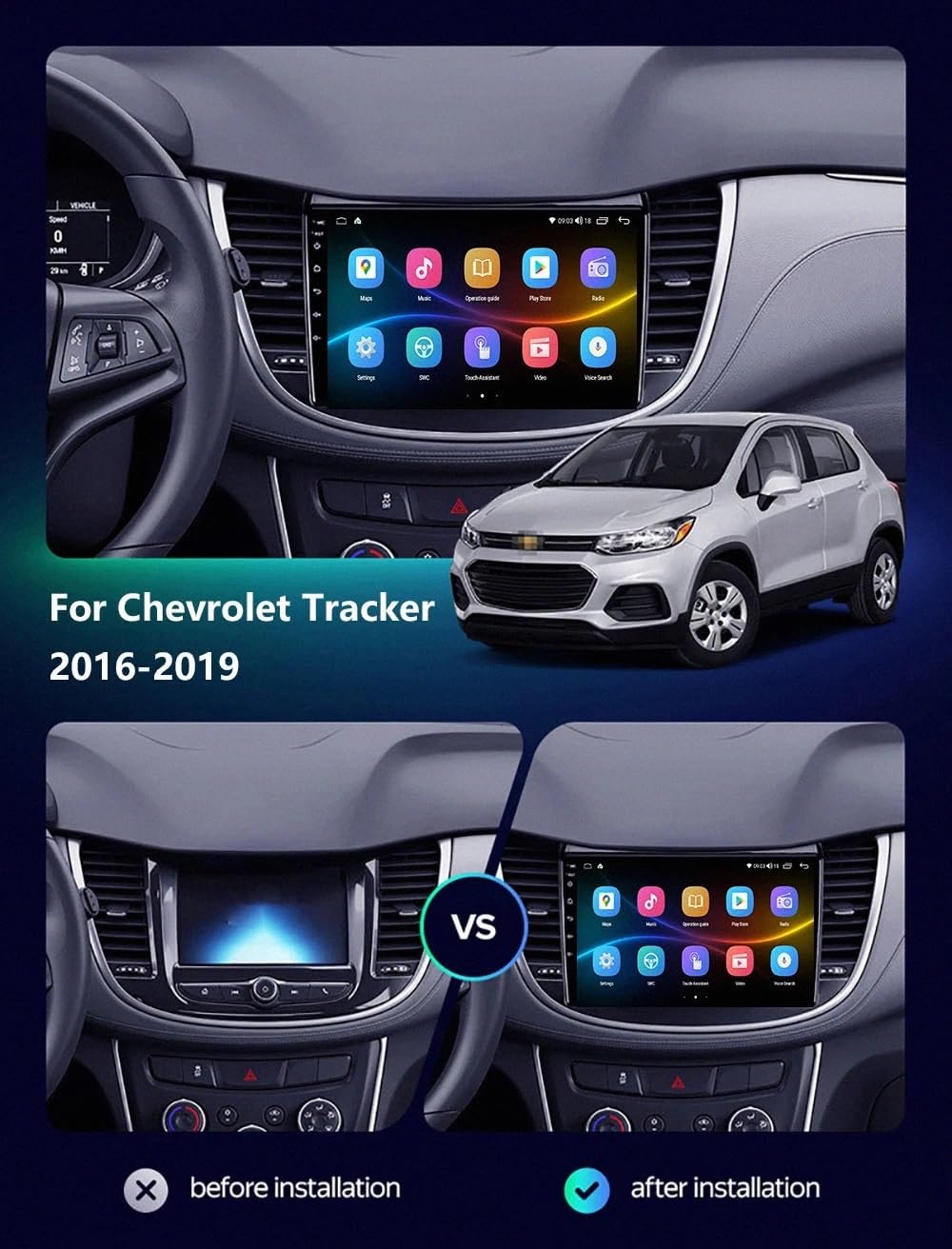 Radio Samochodowe dla Chevrolet Tracker Trax 2016-2019 Z Bluetooth, Fm, Aux, Nawigacją Mapową Oraz Asystentem Głosowym Siri; Obsługa Aux/Airplay/Fm, 4 Rdzeń 1G+16G