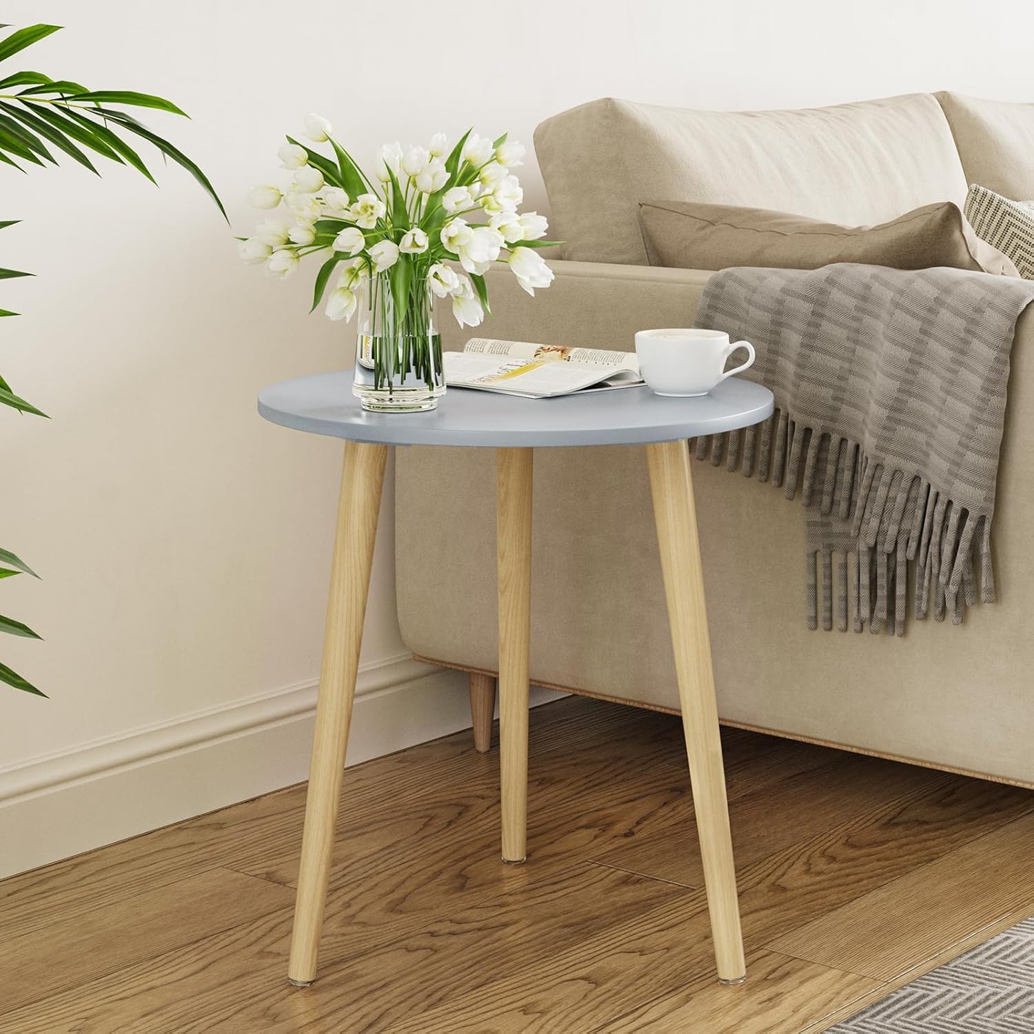 LIVINGLOOM Plant Stand Plants Holder Modern Side Table, Wood, Round Top, Nightstand Sofa Coffee End Table for Living Room, Small Spaces, Easy Assembly Bedside Table Bedroom Decor (Grey) (B0DCTN93JN) Amazon Price History, Amazon Price Tracker