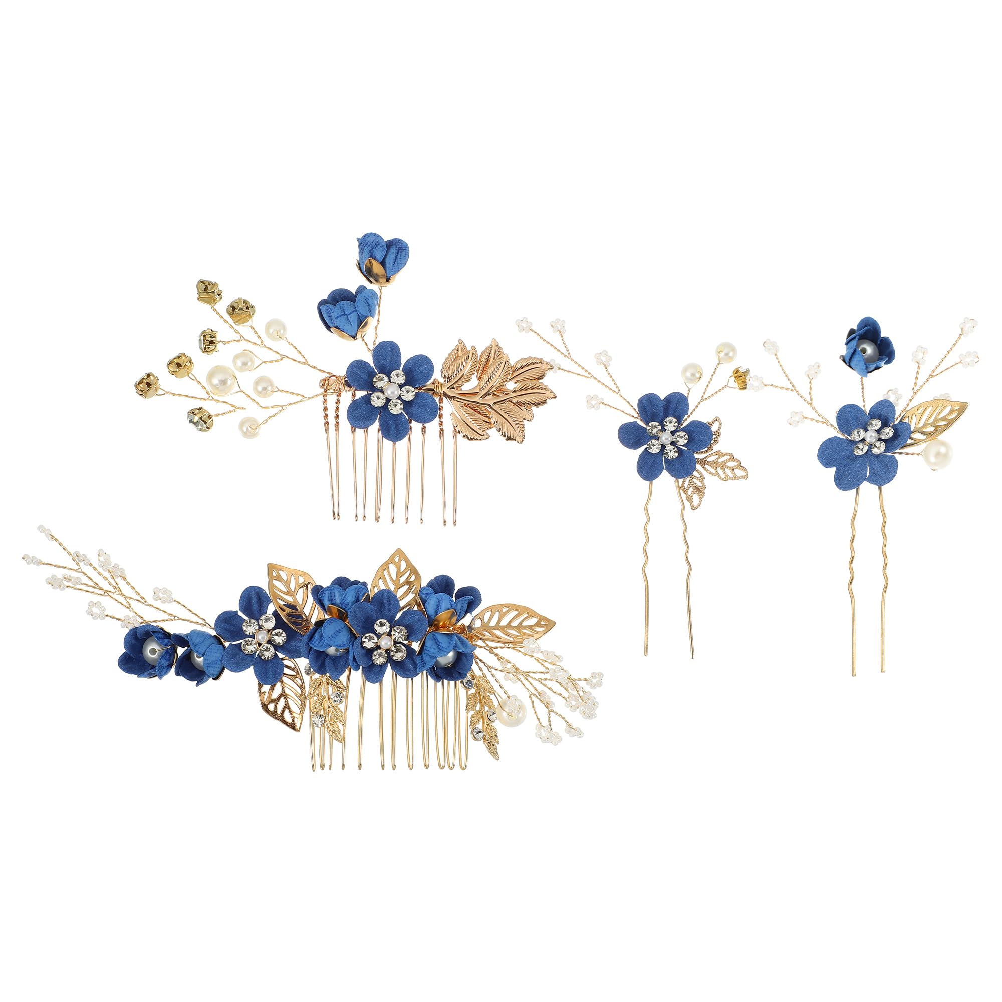 VOCOSTE 4 Pcs Rhinestone Hair Comb, Hair Piece for Bride Wedding, Flower Faux Crystal Side Comb Headpiece Hair Accessories for Women, Deep Blue