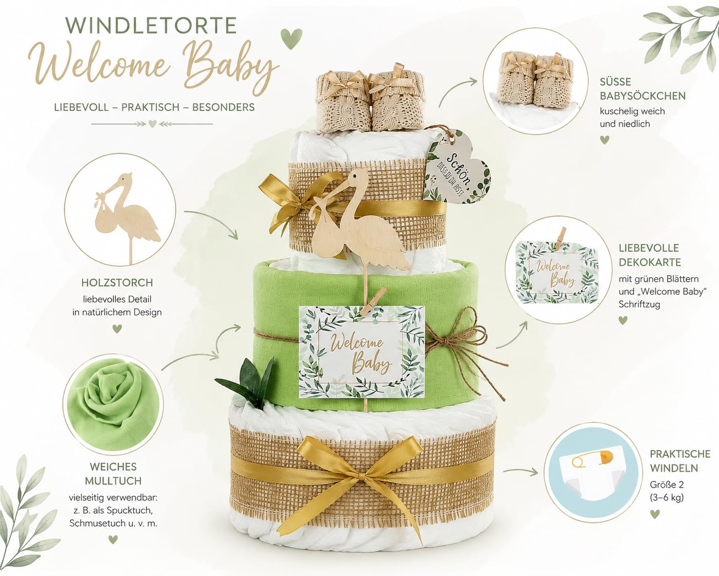 Premium Windeltorte Storch mit Bündel | inkl. Babybooties und Mullwindel | 3-stöckig (grün)