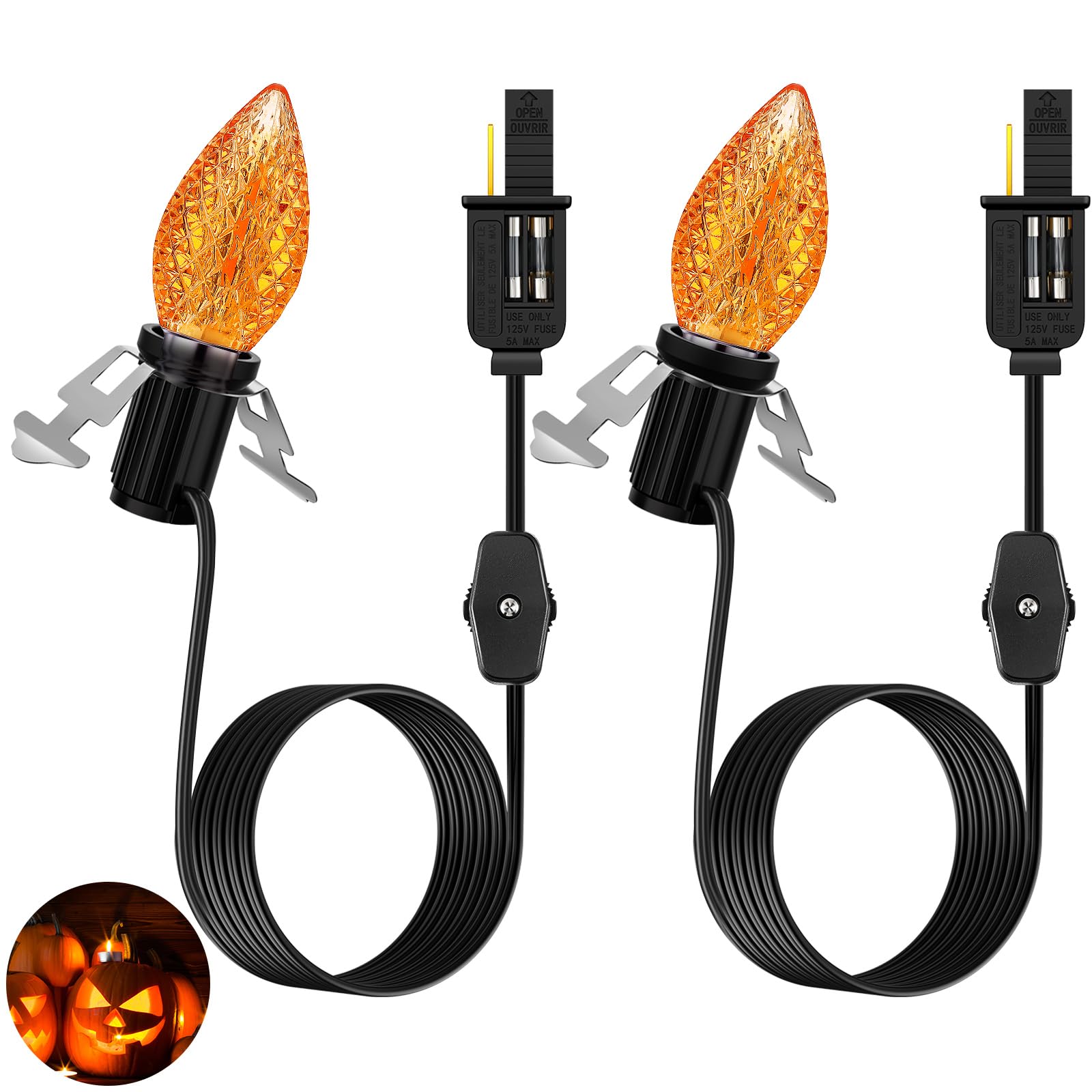 Meonum 2 Pcs C7 0.6w LED Lights Bulbs with Accessory Cord Bulb Socket, Christmas Blow Mold Light Replacemen Kit, Orange Strawberry Village Light for Xmas Tree Halloween Pumpkin Skeleton House Craft