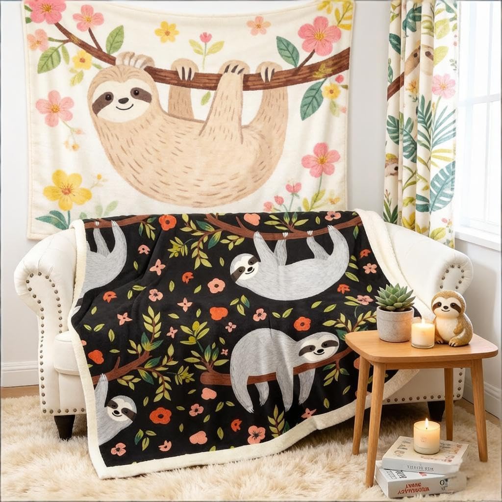 Loussiesd Sloth Fleece Throw Blanket Cartoon Sloth Print Sherpa Blanket for Kids Boys Girls Botanical Floral Plush Blanket Leaves and Branches Fuzzy Blanket for Sofa Bed Couch Baby 30x40 Inch