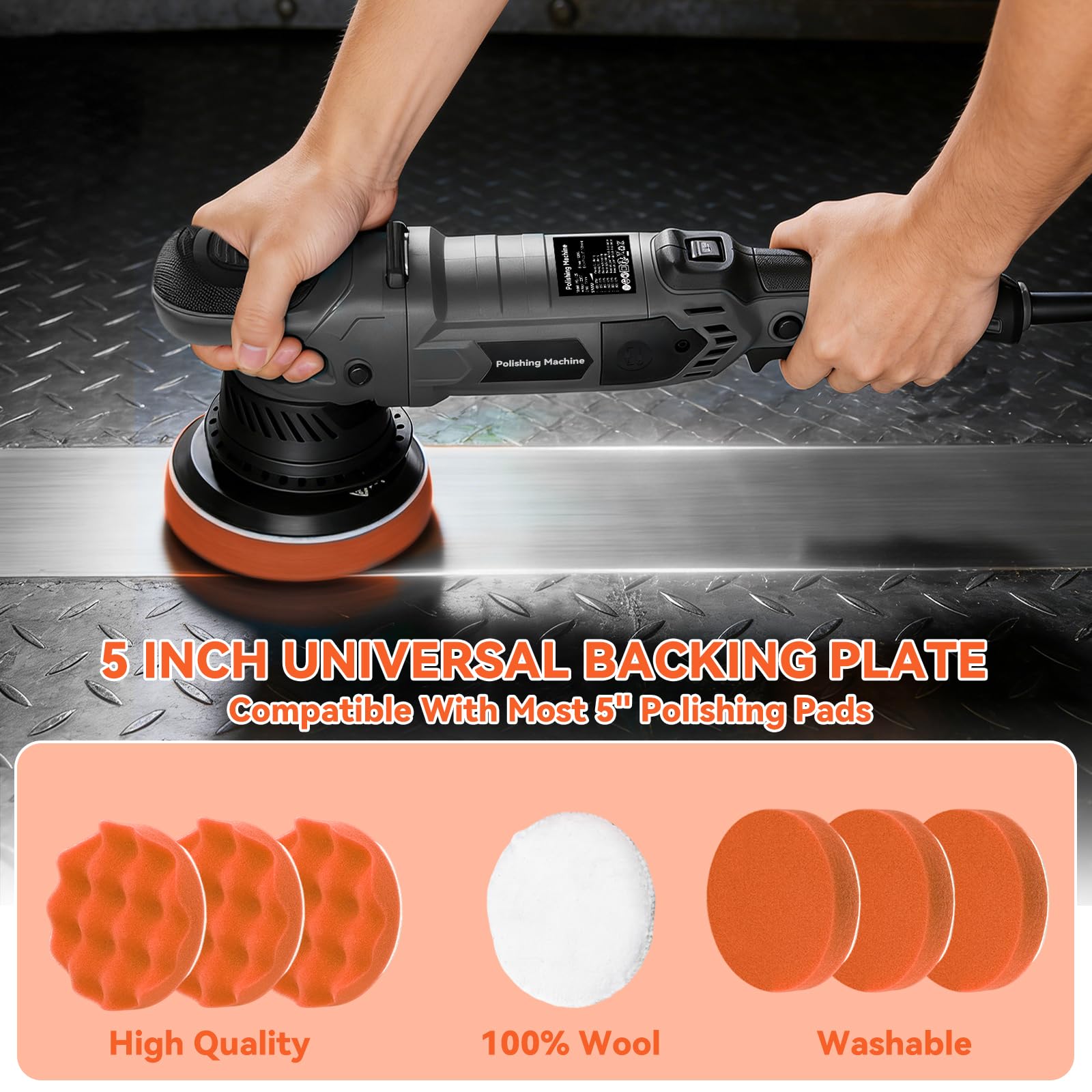 Pulidora Orbital 1600W, Kit Pulidora Coche, Máquinas Pulidoras Excéntrica 15mm, 6 Velocidades Variables con Plato de Pulido de 5 Pulgadas, Mango en D Extraíble, para Detallado, Pulido y Encerado