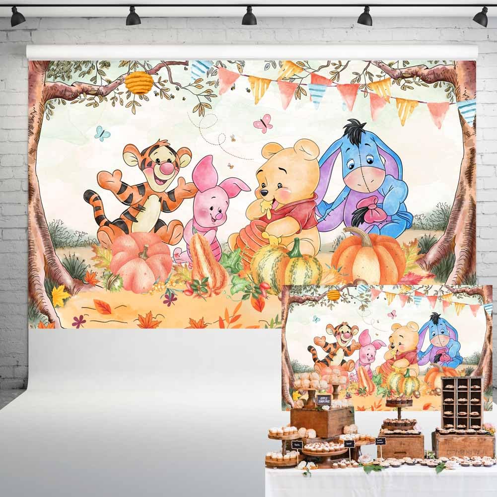 Pooh Bear Fall Baby Shower Backdrop Retro Classic Theme Banner Baby Winnie Watercolor Pumpkins Background Vintage Autumn 1st Birthday Party Supplies