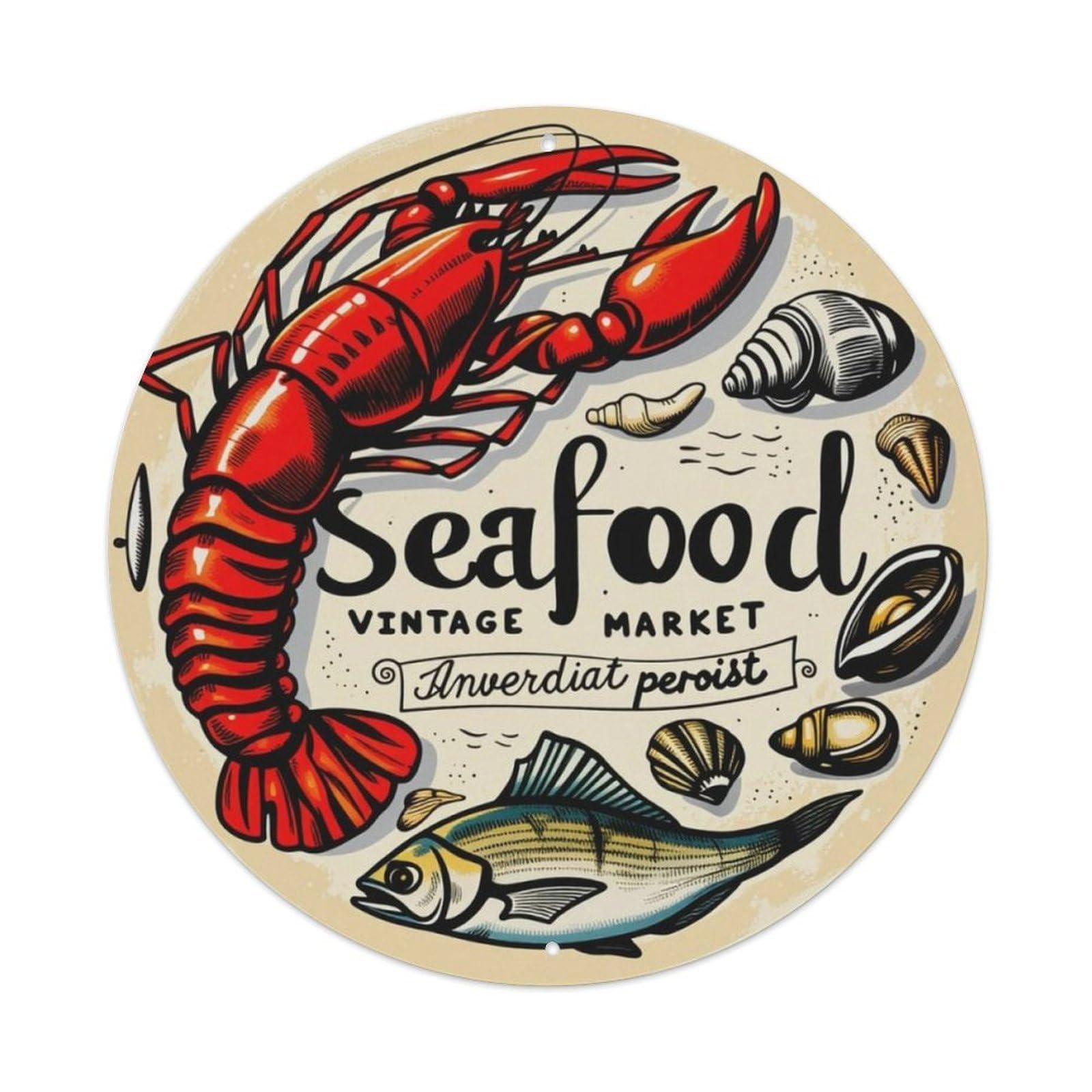 Vintage Seafood Market Lobster Ocean Food Round Decor Sign Vintage Aluminium Metal Sign, Retro Wall Decor for Home, Bar, Garage & Farmhouse 20x20cm