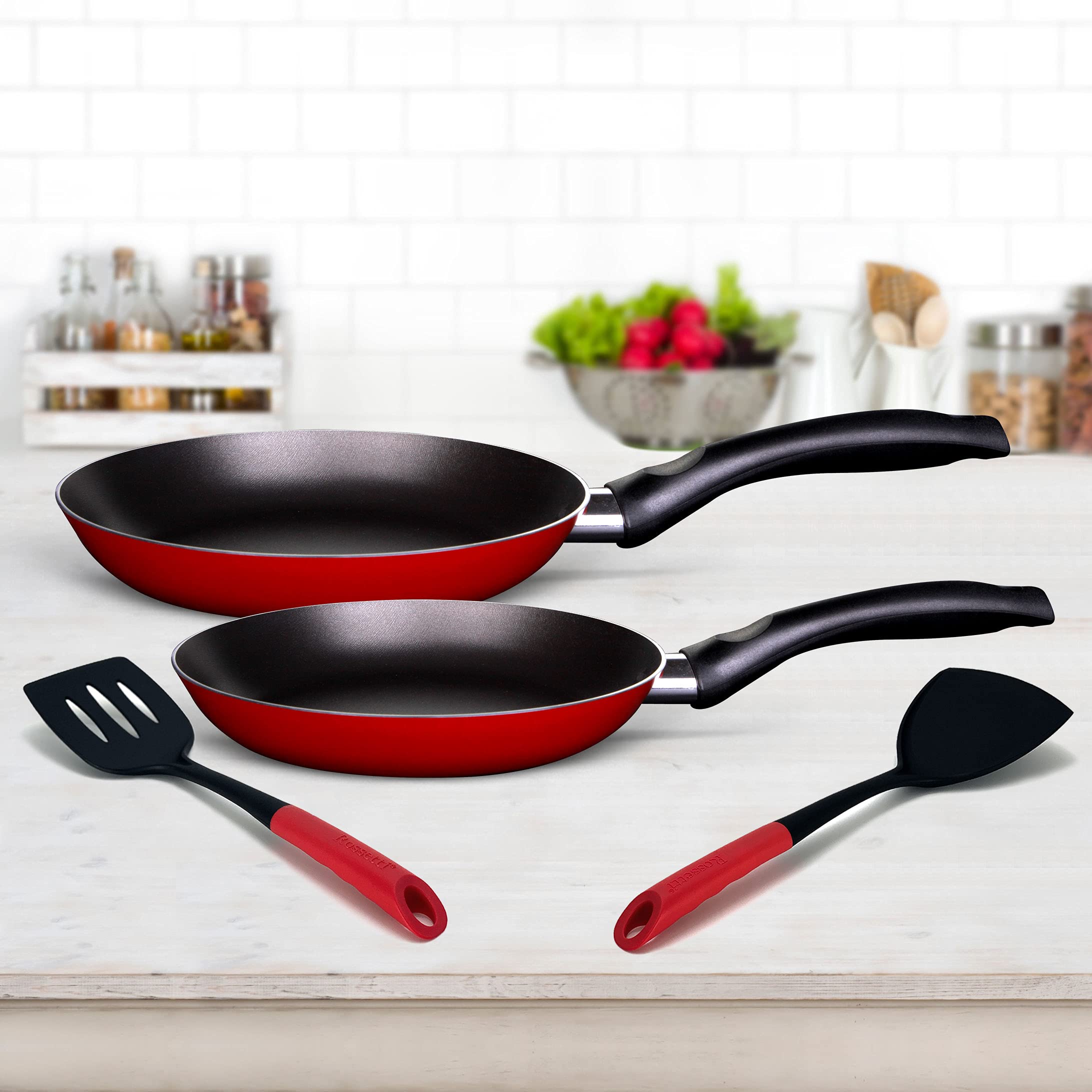 ROSSETTI INTELLIGENZA CASALINGHIRosso 4 Piece Made in Italy Quality 24+28cm Non-Stick Frying Pan Set + 2 Nylon Turners Dishwasher Safe PFOA-free Metallic Red Cookware Set
