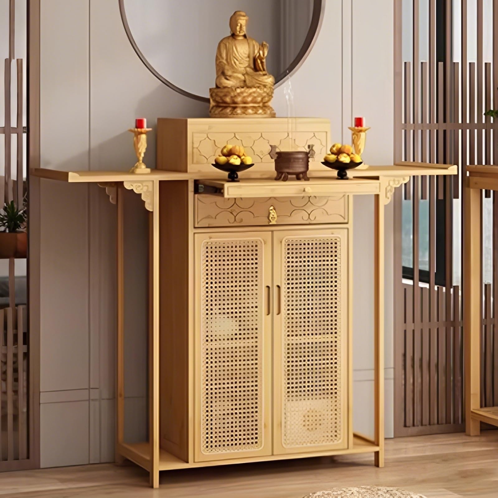 LSOPCYE Chinese Shrine Altar Table, Bamboo Buddha Buddhist Altar Cabinet