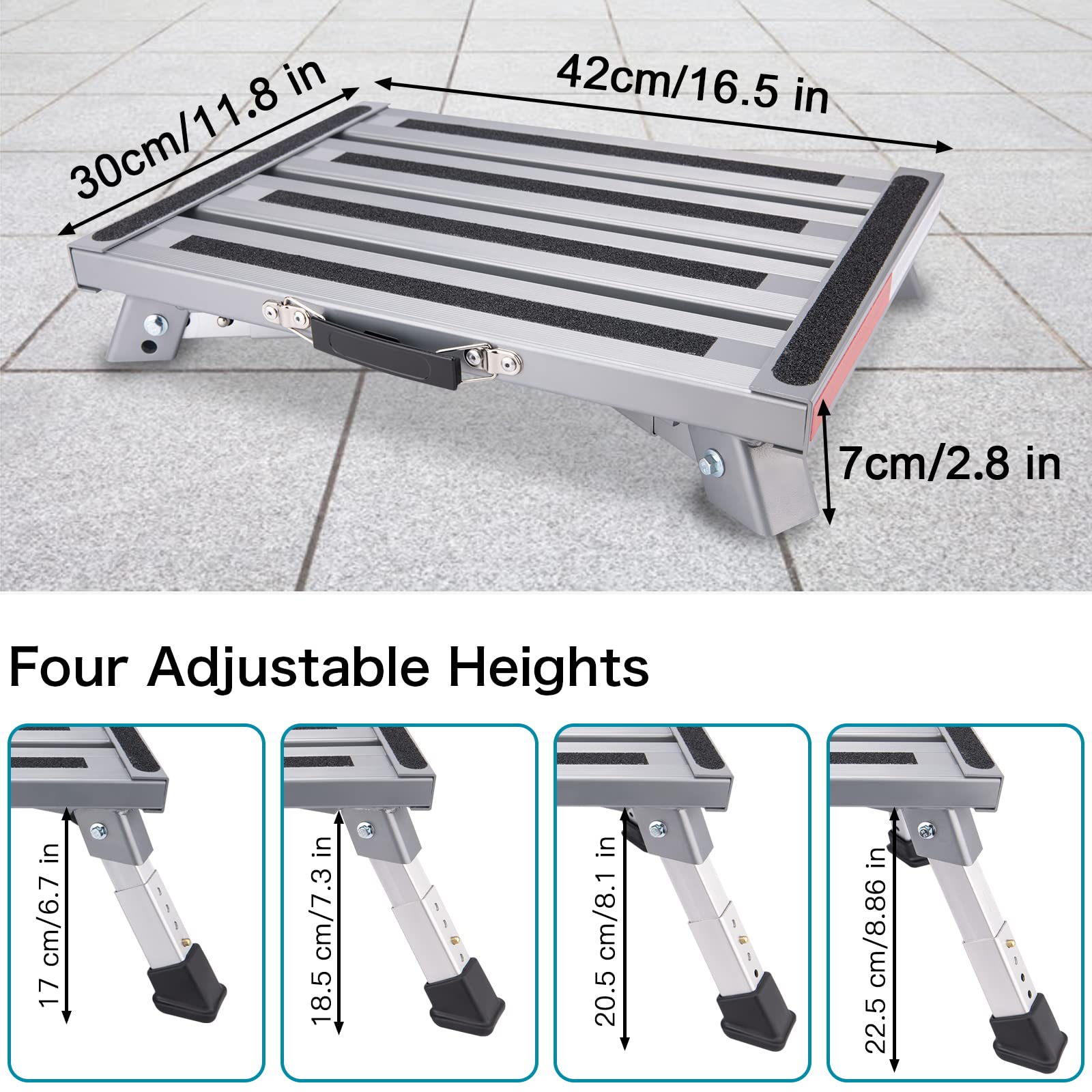 Safety Folding RV Steps – Height Adjustable Platform With Non-Slip Surface, 1000lb Capacity