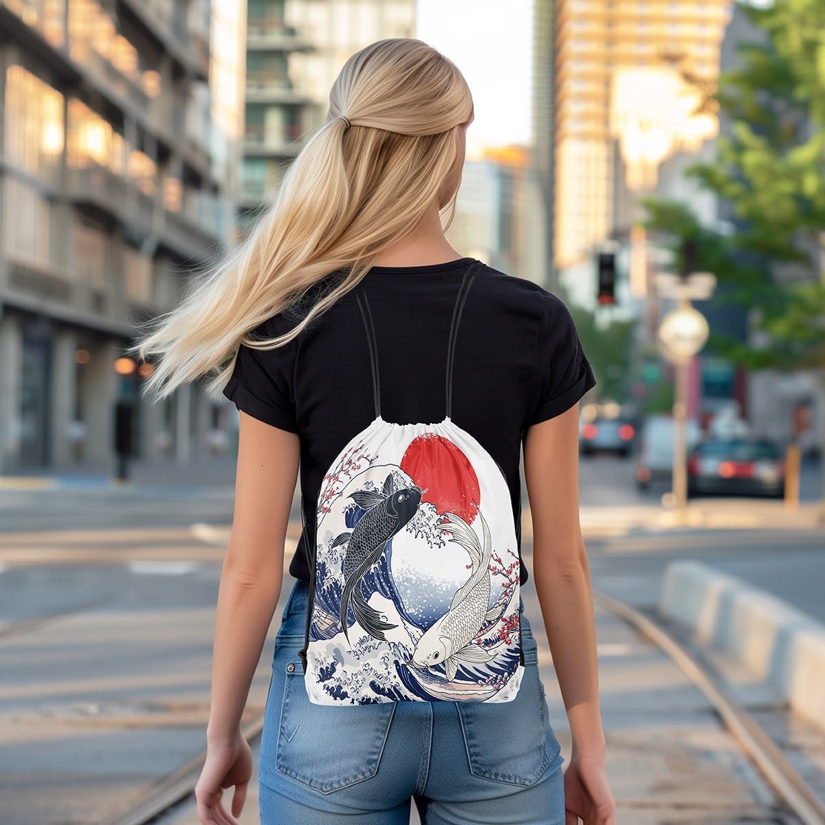 jejeloiu Koi Fish Drawstring Backpack 13"x15.7" Japanese Wave Sports Gym String Bag Marine Sunset Drawstring Bags Japanese Ukiyoe Waterproof Cinch Bag Sports Drawstring Sackpack