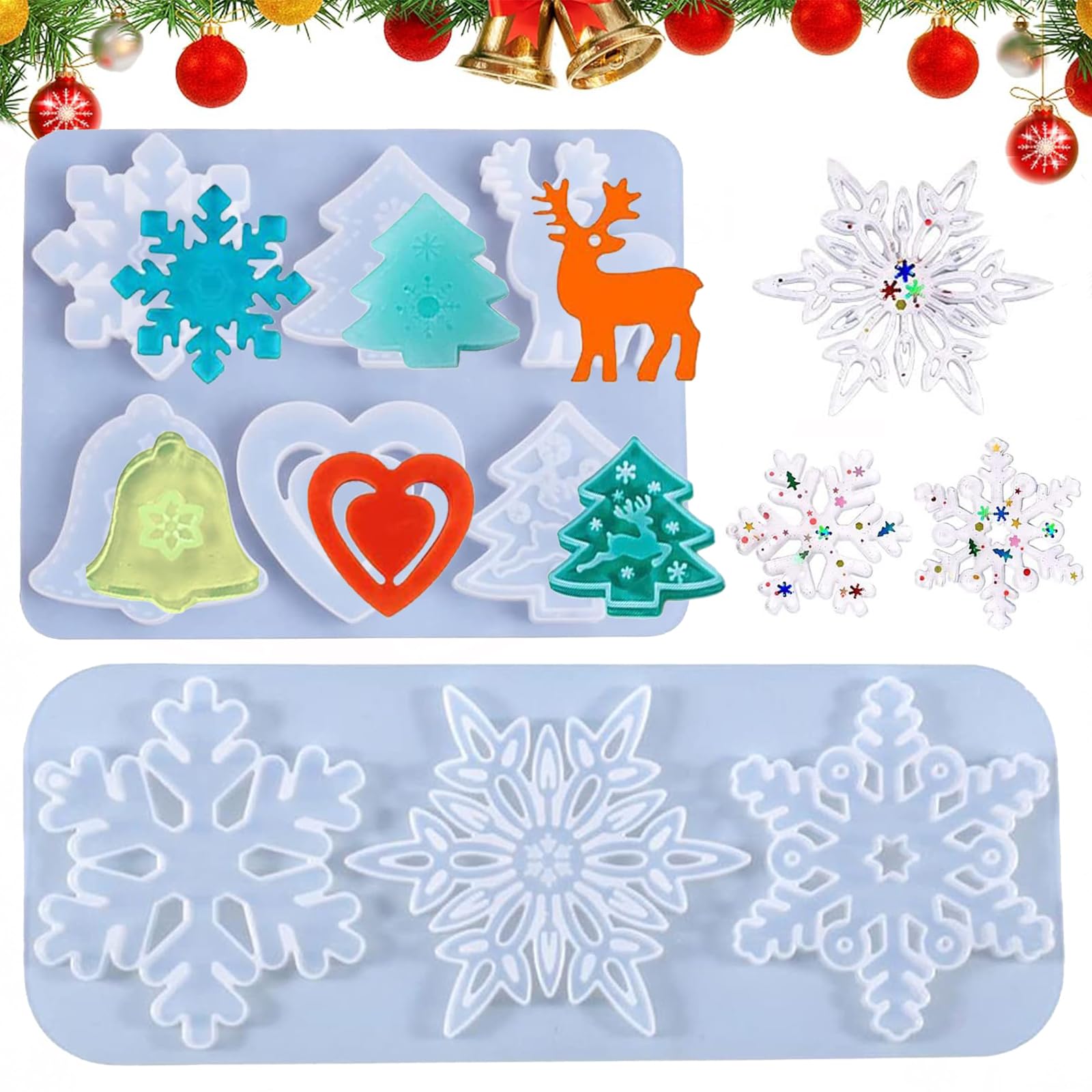 2 Stampi In Silicone Natale Per Resina Epossidica - Fiocchi Di Neve, Alberi, Renne, Campane - Kit Fai-da-te Per Bigiotteria E Decorazioni - 5