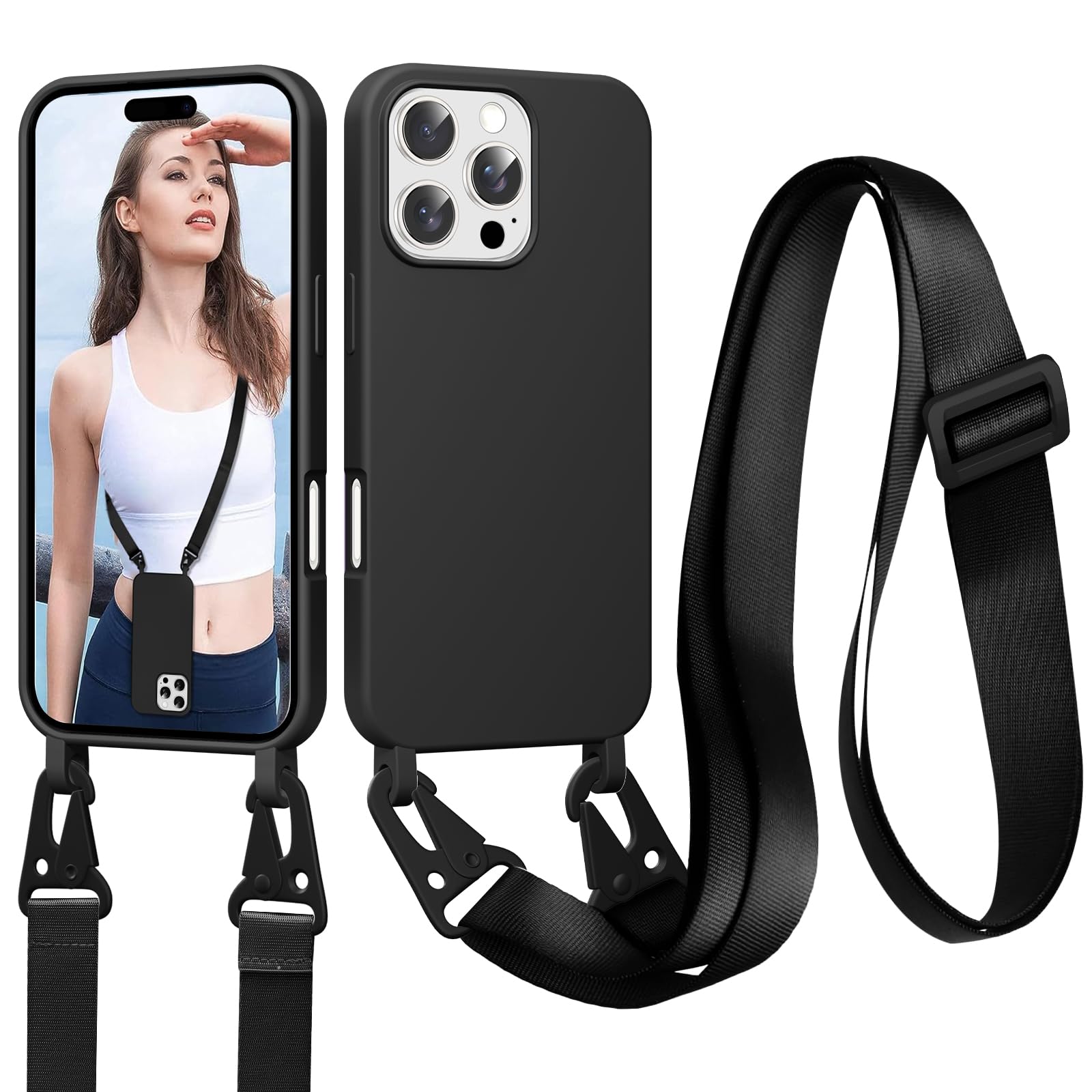 Etui na iPhone 16 Pro ze sznurkiem, naszyjnik do etui z płynnego silikonu z przenośnym regulowanym paskiem na ramię, smycz z naszyjnikiem, etui odporne na wstrząsy iPhone 16 Pro, czarne