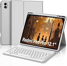 for Redmi Pad Pro Keyboard with Case for Xiaomi Redmi Pad Pro 12.1 inch 2024/Xiaomi Poco Pad 12.1" PU Leather Cover Detachable Bluetooth Wireless Keyboard with Pencil Holder,Grey