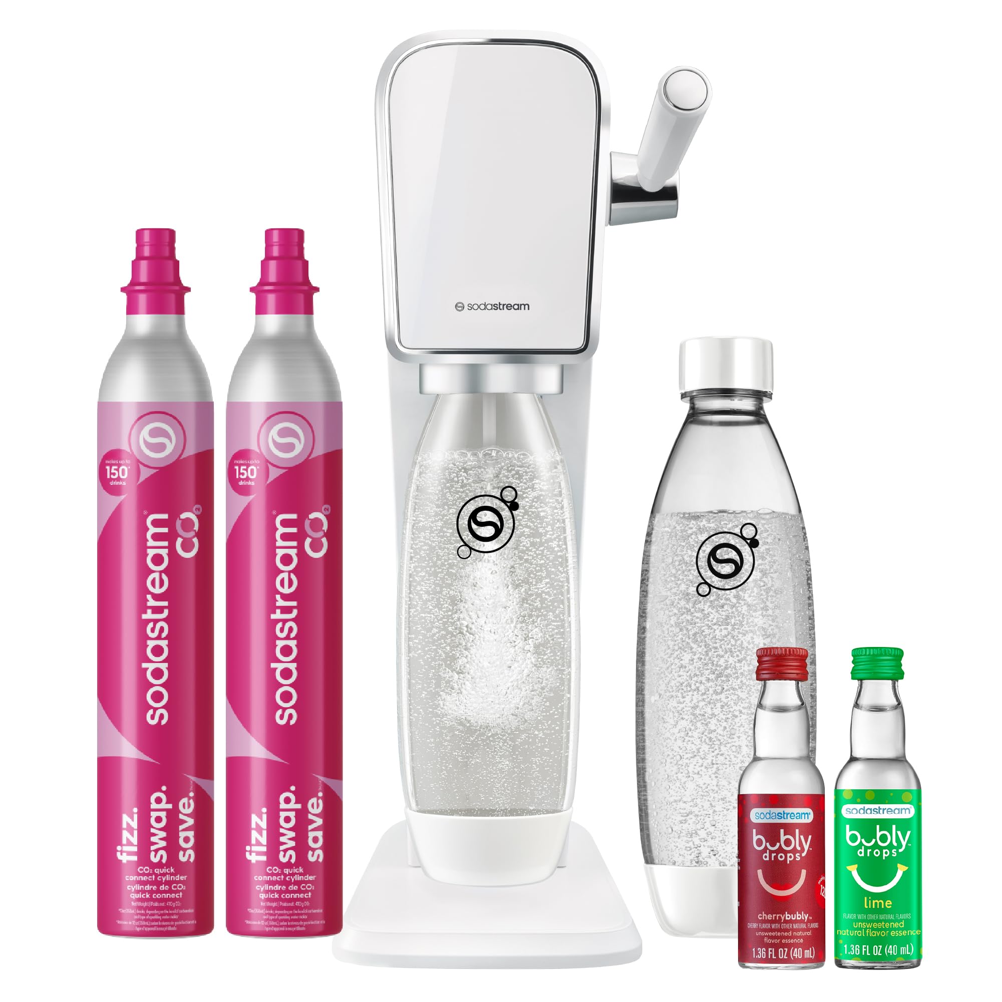 SodaStream ART Sparkling Water Maker, Value Bundle, Soda Maker, Includes 2 Quick Connect 60L CO2 Cylinders, 2 Dishwasher Safe BPA Free Bottles, 2 bubly Flavor Drops, Make your own Pepsi, White