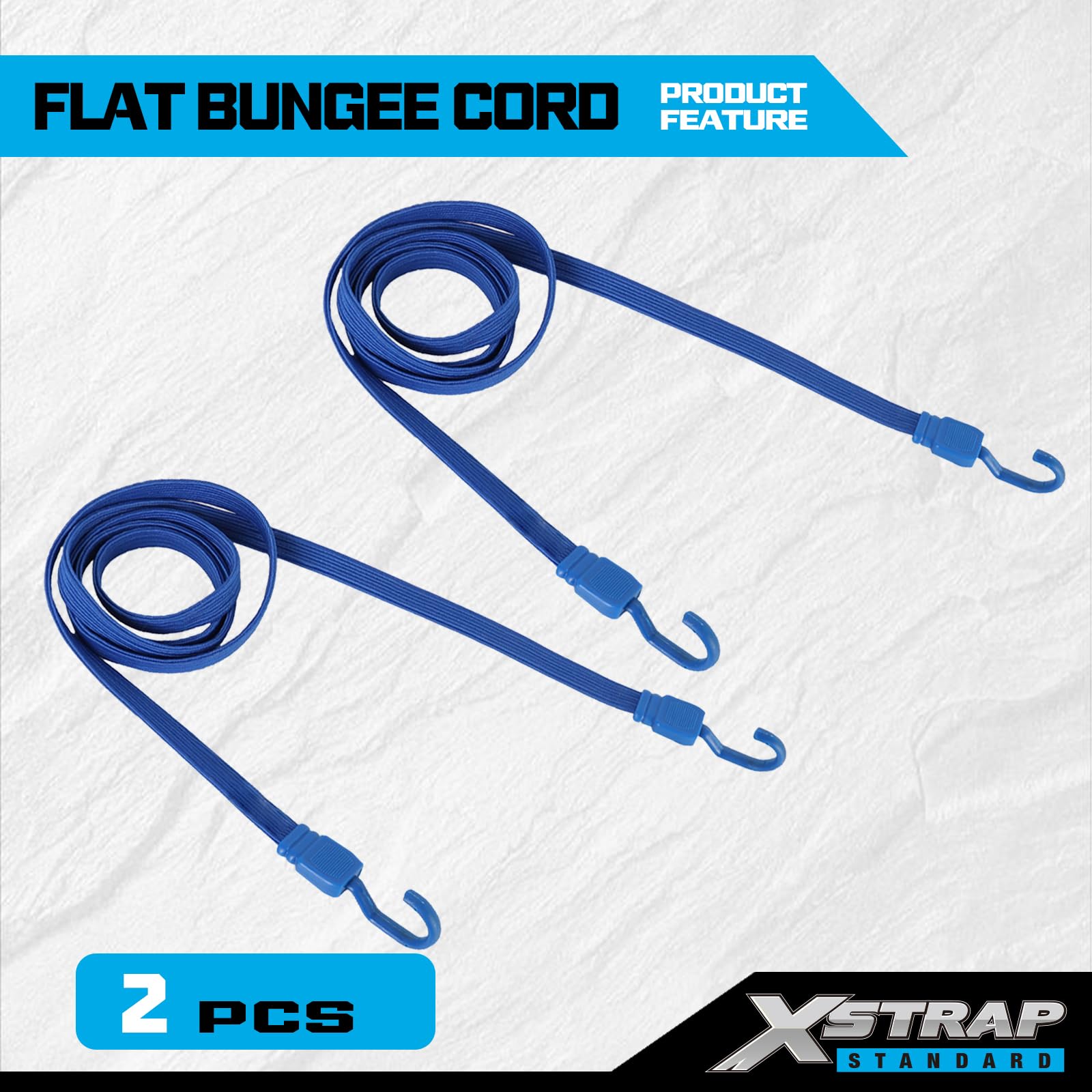 XSTRAP STANDARD 2 szt., 187 cm, płaski sznurek, bungee, wytrzymałe, regulowane, długie paski z haczykami do ciężarówki, na kemping, motocykl, do samochodów, rowerów, bagażnika, niebieski