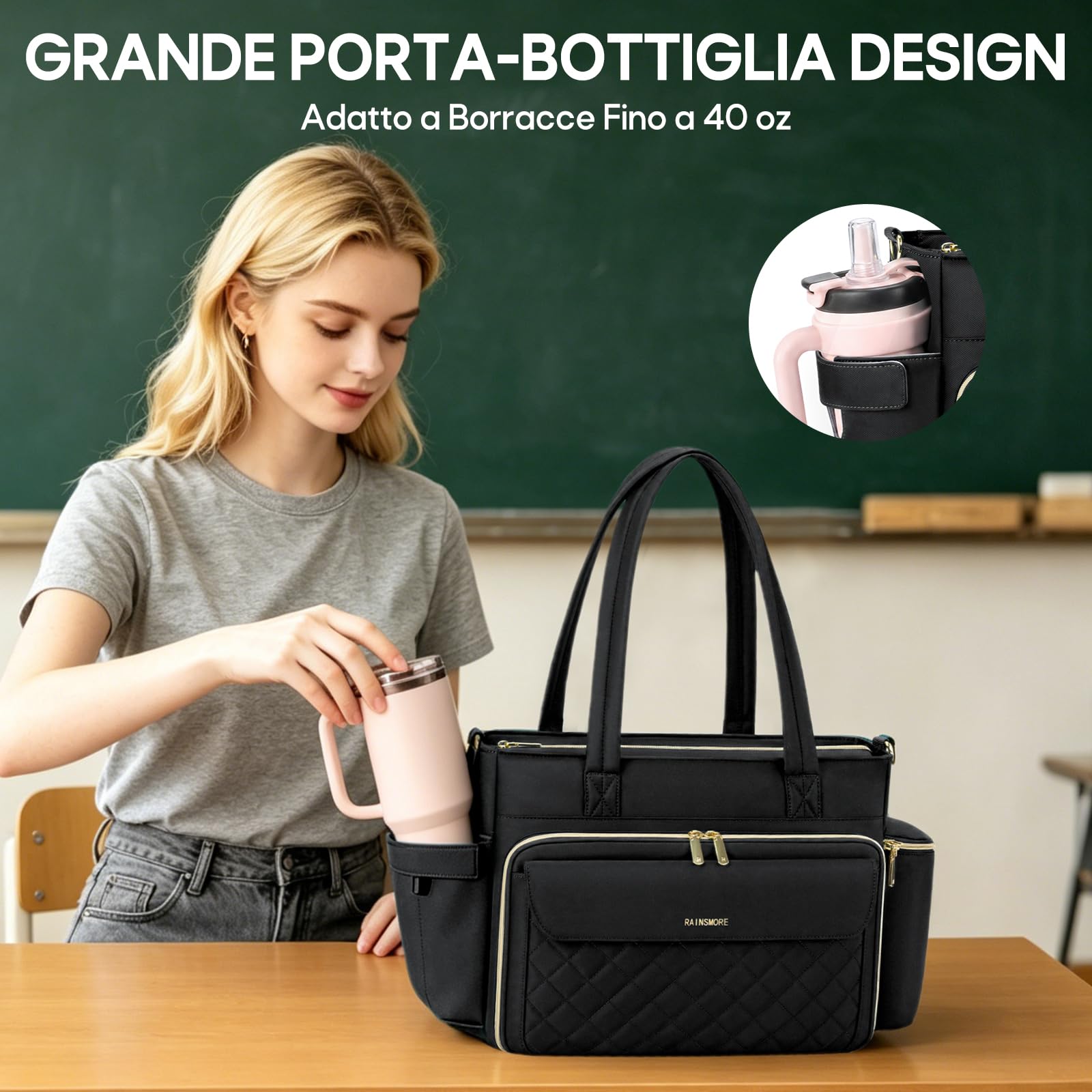 RAINSMORE Borsa da Lavoro Donna Porta PC 15.6 Pollici Grande Multitasche | Borsa Insegnante con Tasca Termica e Portaborraccia, Ideale per Scuola, Ufficio e Infermiere, Nero