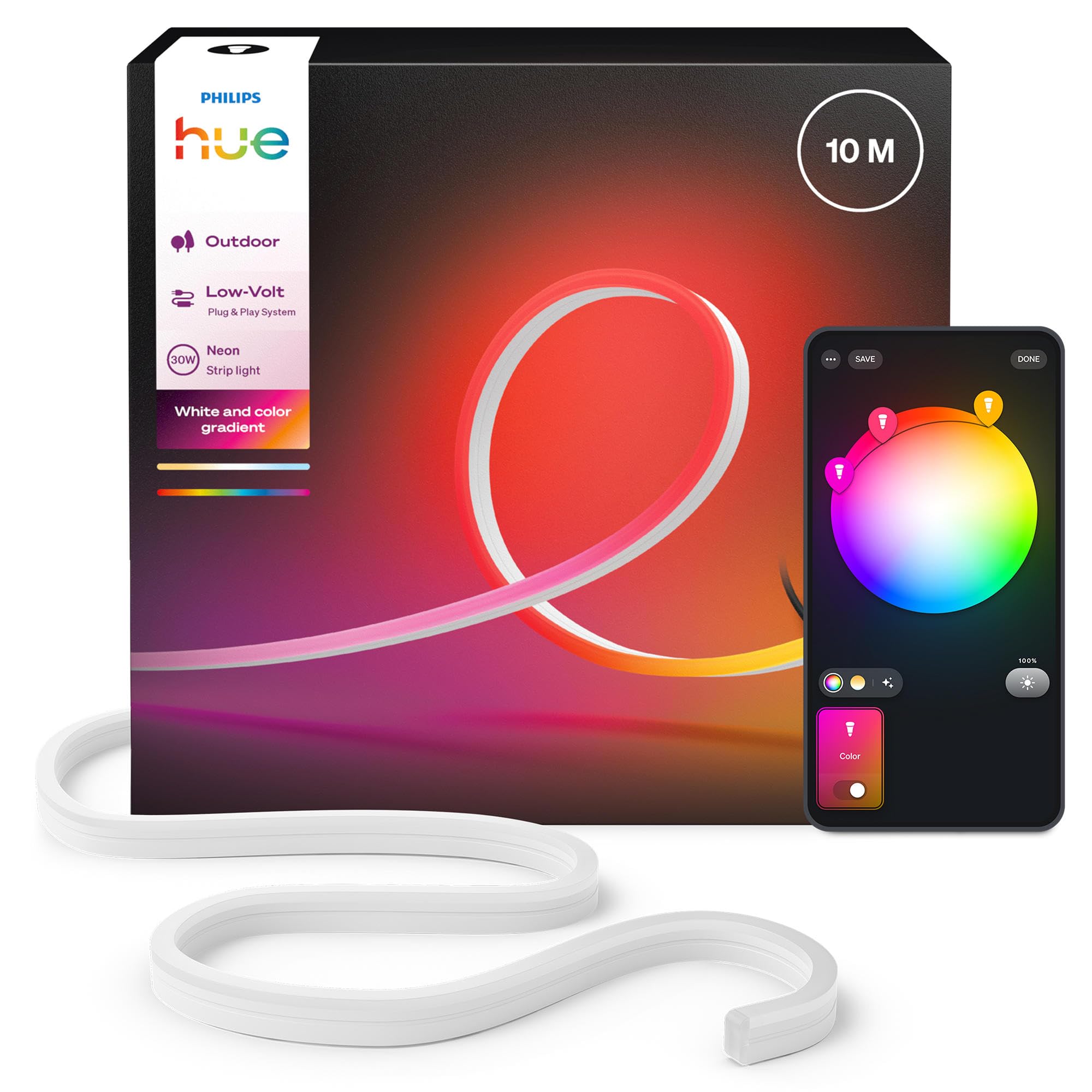Philips Hue Neon 10 m – wielokolorowa taśma LED do ogrodu, 1100 lm. Żywe kolory, efekty Chromasync™, odporna na warunki, niskie napięcie, sterowanie aplikacją i głosem.