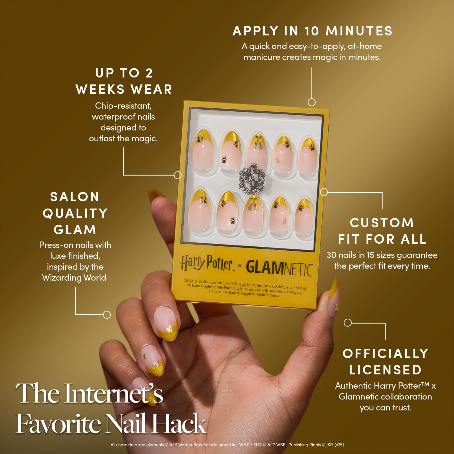 Glamnetic Press On Nails x Harry Potter™ - Helga Hufflepuff™ | Short Almond Fake Nails with Velvet Yellow French Tips & Gold Graphics, Officially Licensed | 15 Sizes - 30 Nail Kit with Glue