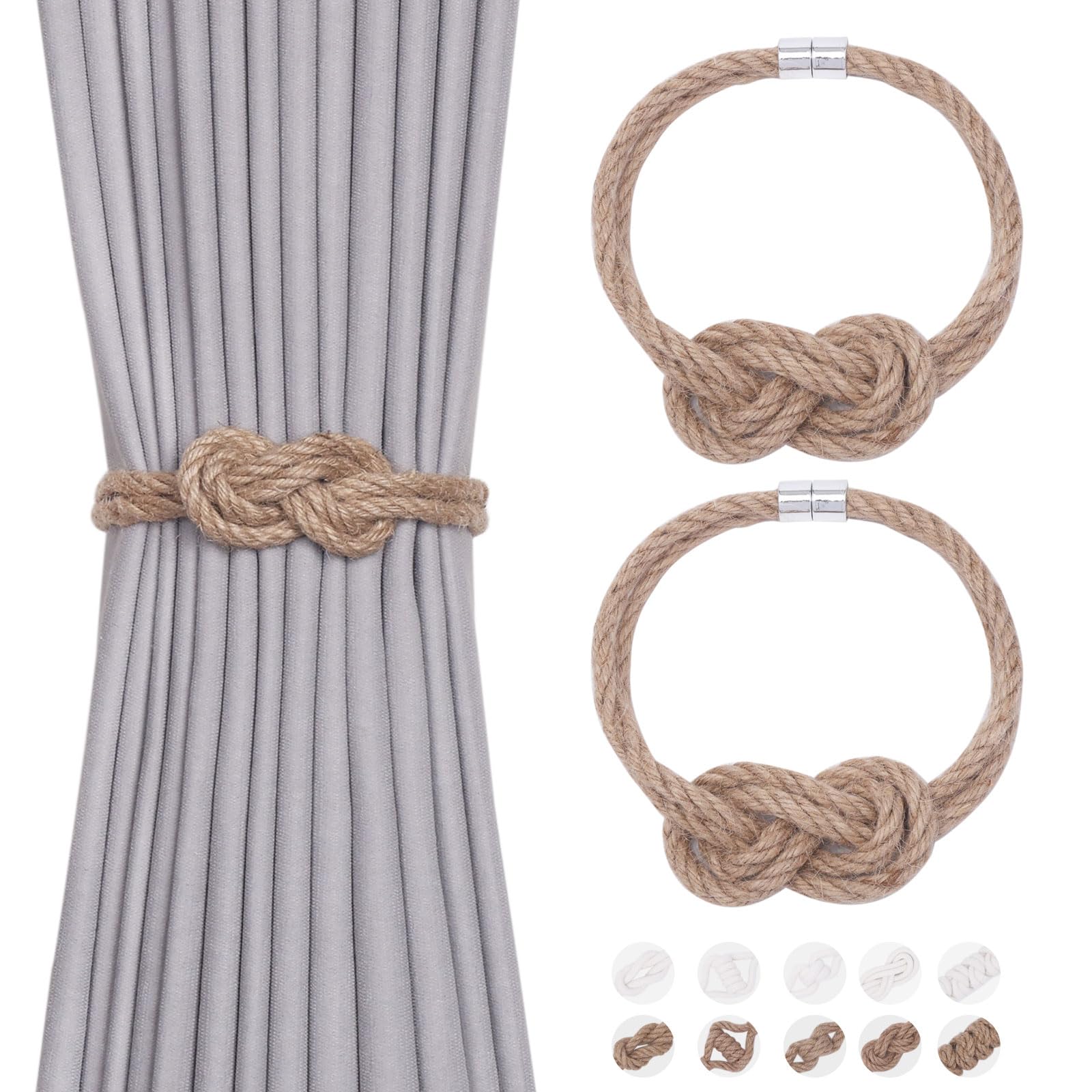 Pretty Jolly 2 Pack Natural Jute Rope Curtain Tiebacks Elegant Boho Style Magnetic Drape Tie Backs Soft Hand-Woven Rope Curtain Holdbacks for Home & Office Drapery (Jute knot-01) — image 1
